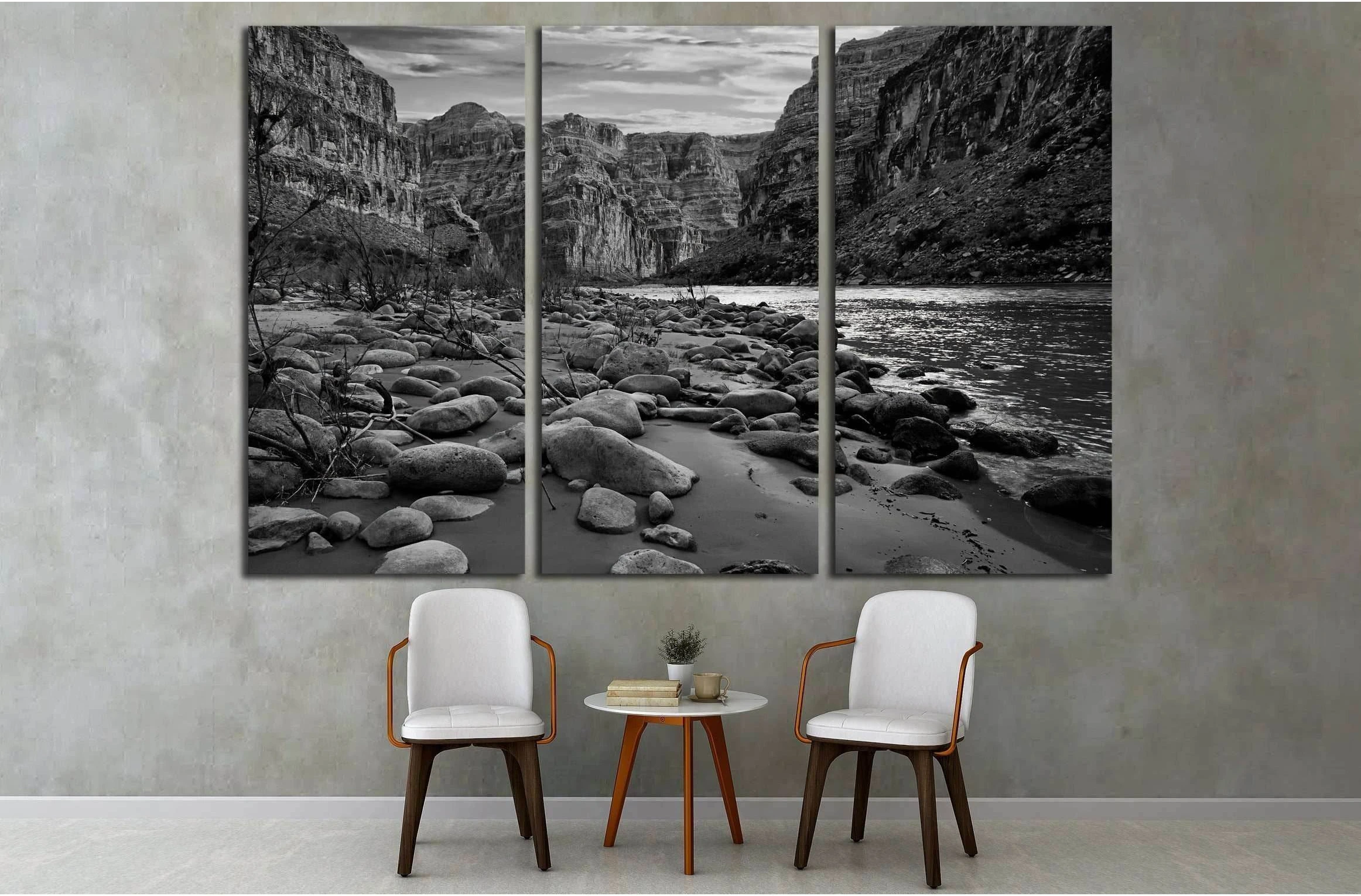Black and white view of the Grand Canyon from the Colorado River №2936 Ready to Hang Canvas Print - Zellart Canvas Prints ALL_Products, s-2936