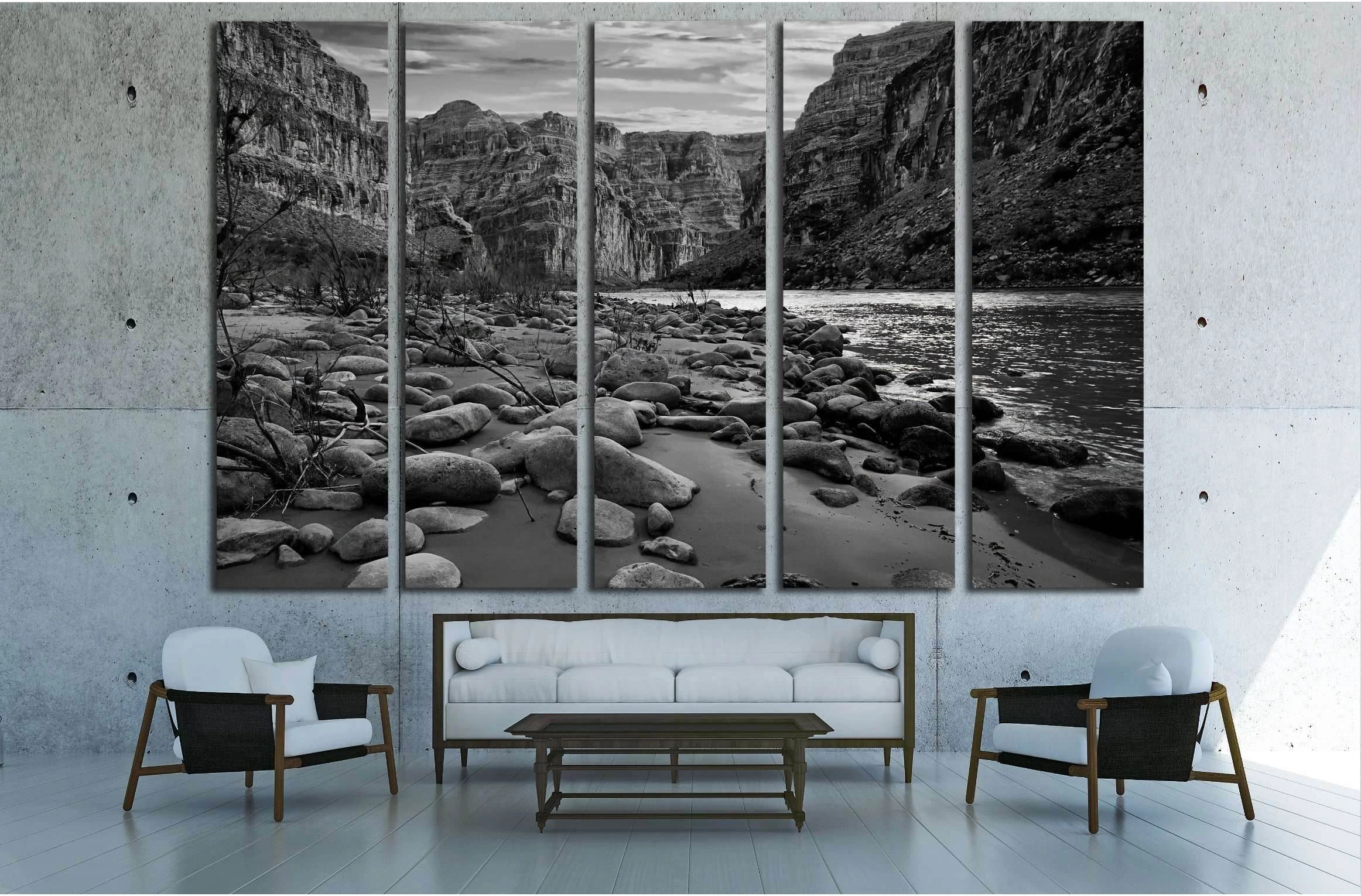 Black and white view of the Grand Canyon from the Colorado River №2936 Ready to Hang Canvas Print - Zellart Canvas Prints ALL_Products, s-2936