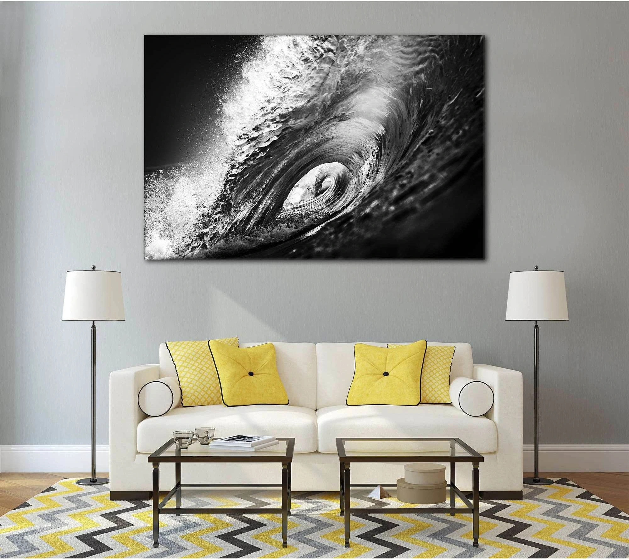 Black and White Wave showing ocean water, wave movement and surf.