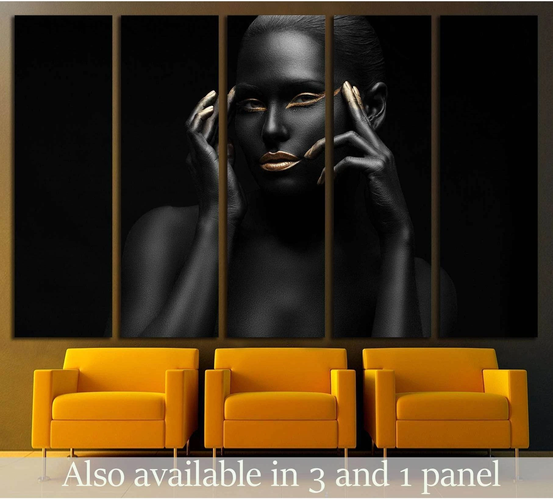 Black woman portrait canvas print with gold lips and fingertips above chairs in a modern room