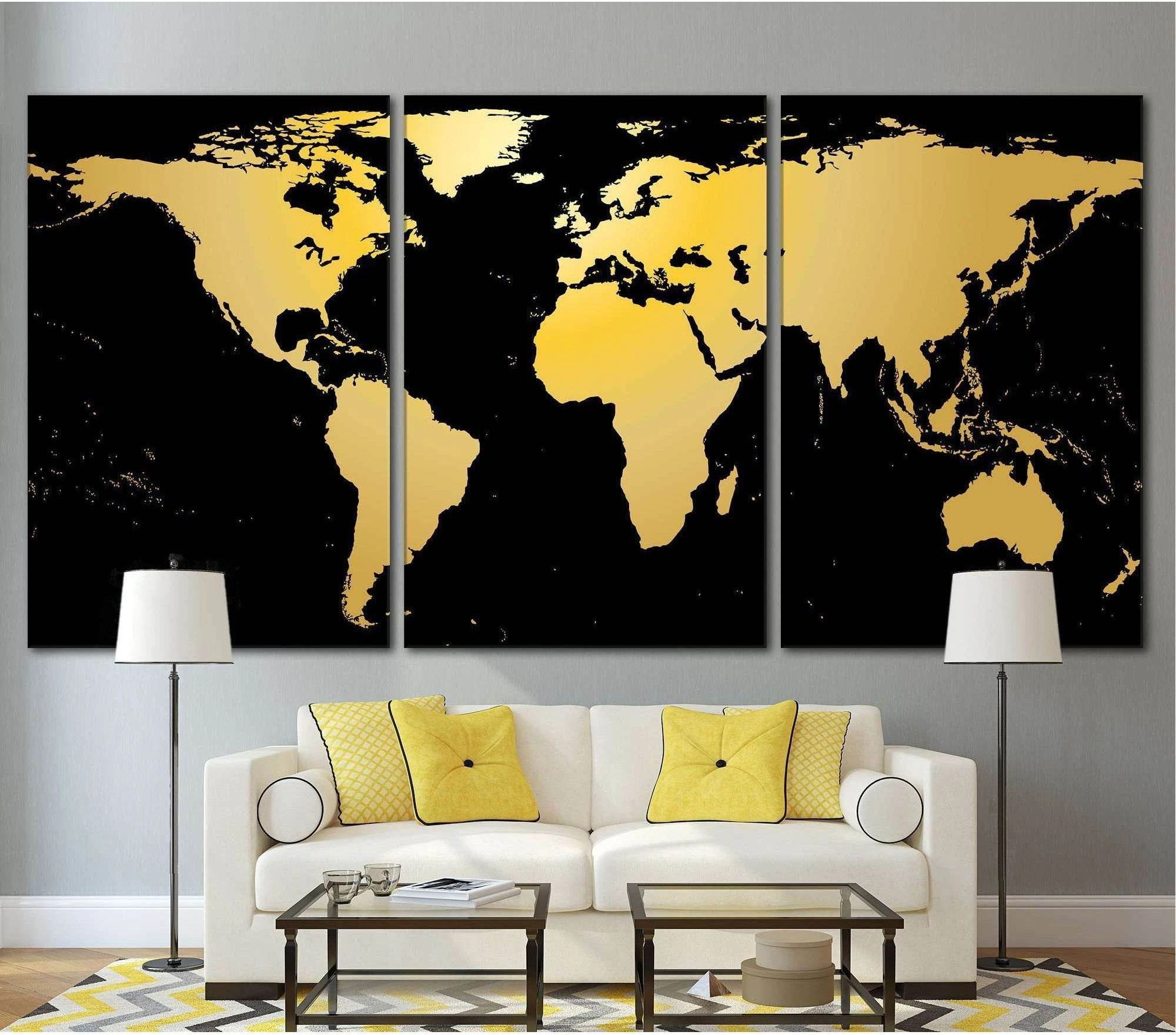Black / Gold World Map №860 Ready to Hang Canvas Print - Zellart Canvas Prints ALL_Products, autopostr_pinterest_65155, autopostr_pinterest_65157, autopostr_pinterest_65158, autopostr_pinterest_65160, World Maps