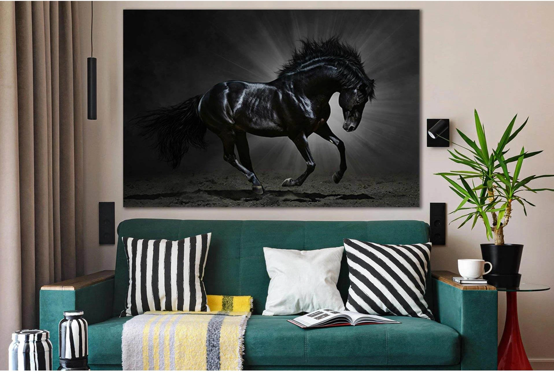 Black Horse In The Rays Of Light №SL1005 Ready to Hang Canvas Print - Zellart Canvas Prints 0new, ALL_Products, Animals & Wildlife, Horses