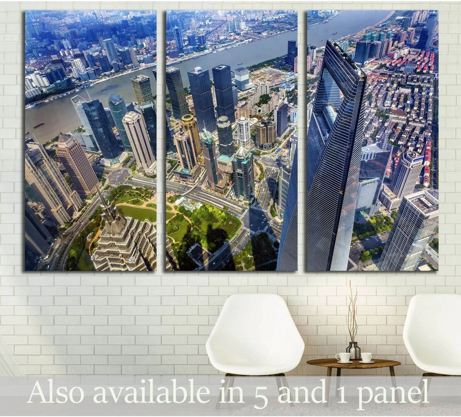Shanghai World Financial Center triptych canvas print with aerial skyline view above chairs in a modern office
