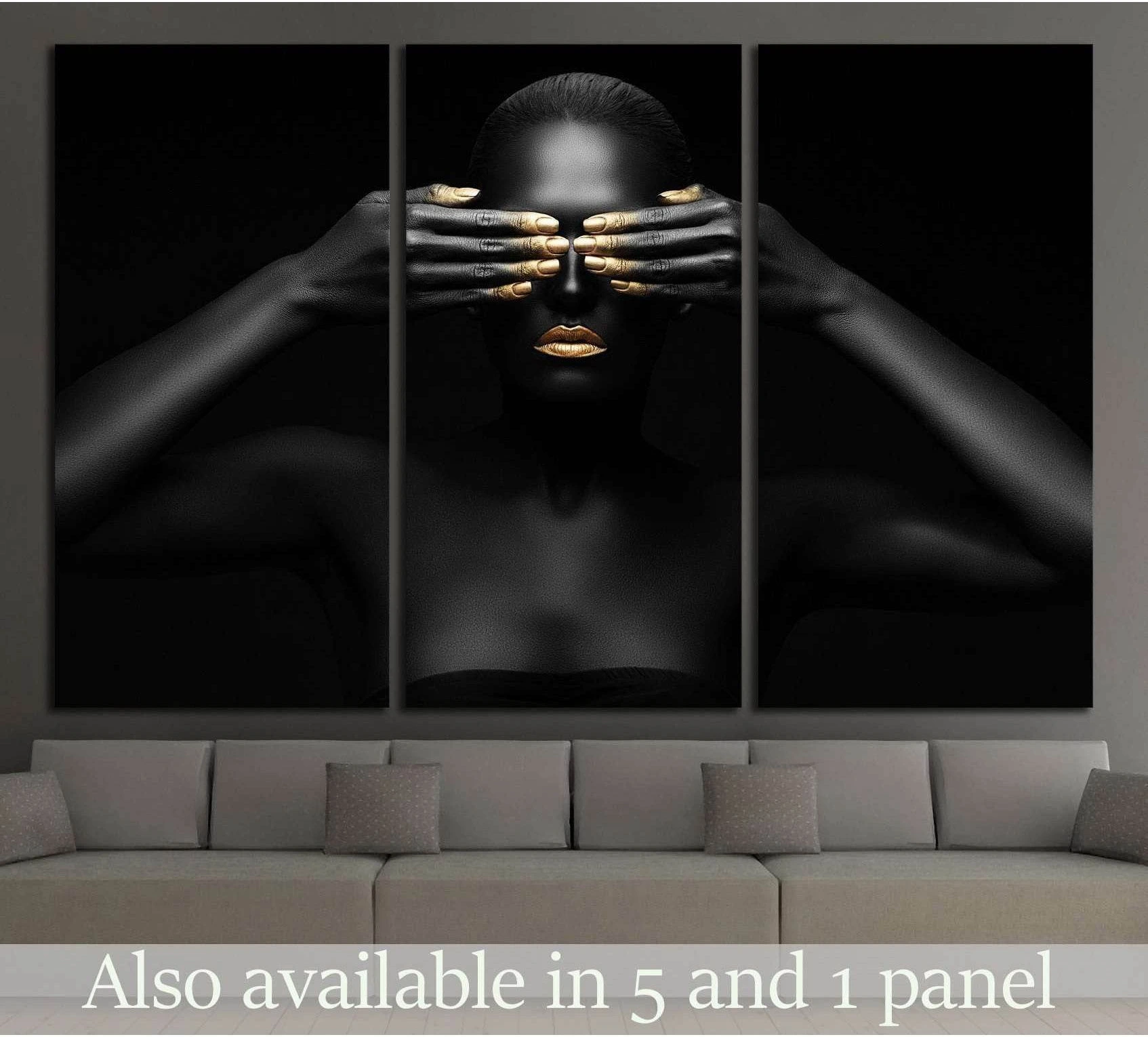 Black and gold portrait triptych canvas print of a woman covering her eyes with gold nails