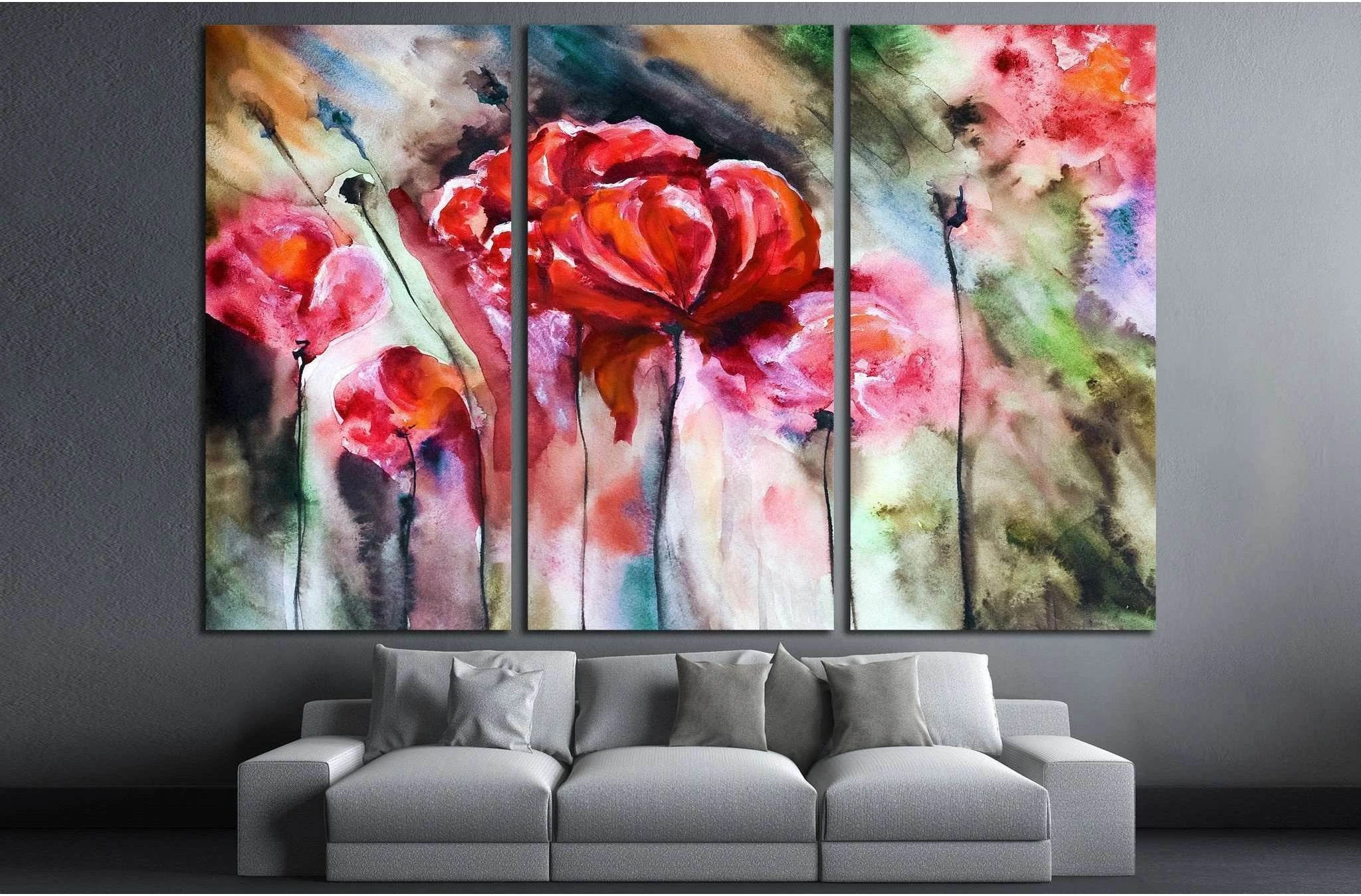 Blossoming poppy drawn by water color №1334 Ready to Hang Canvas Print - Zellart Canvas Prints ALL_Products, s-1334