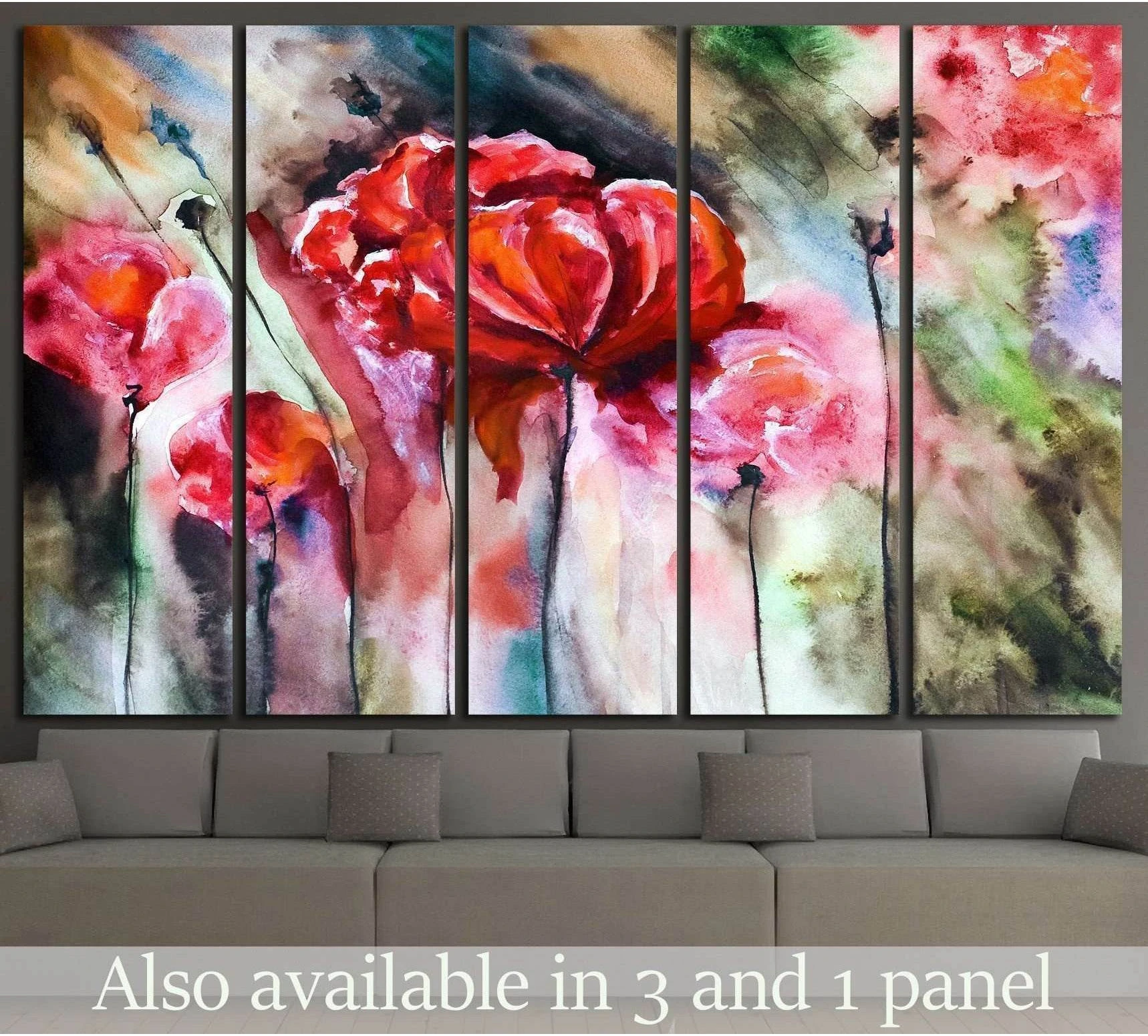 Red poppy watercolor canvas print in a five-panel layout above a sofa in a modern living room