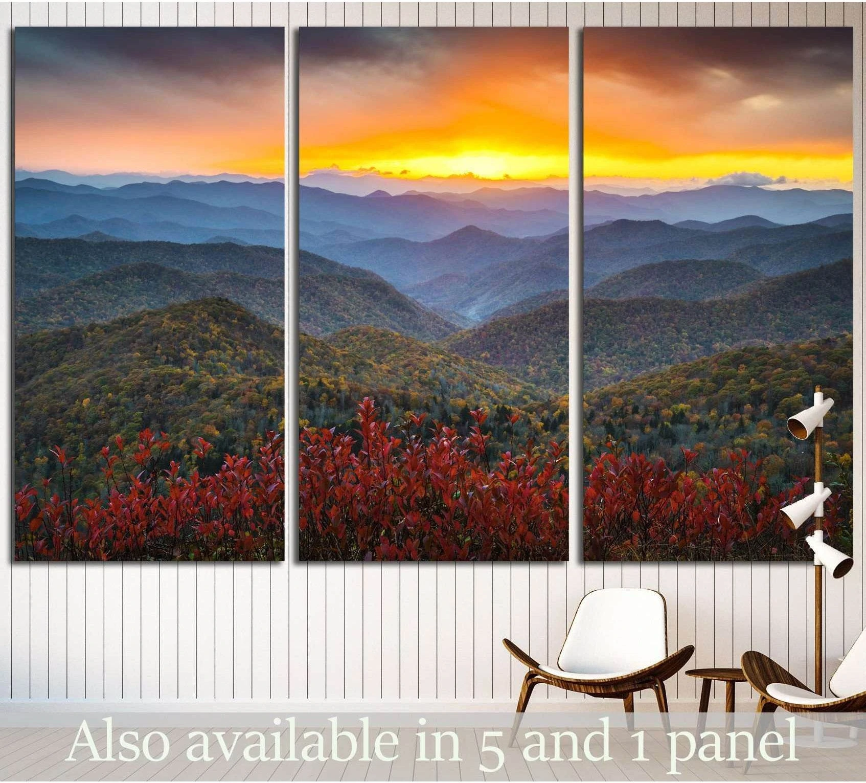 Blue Ridge Parkway mountain sunset triptych canvas print above chairs in a modern living room