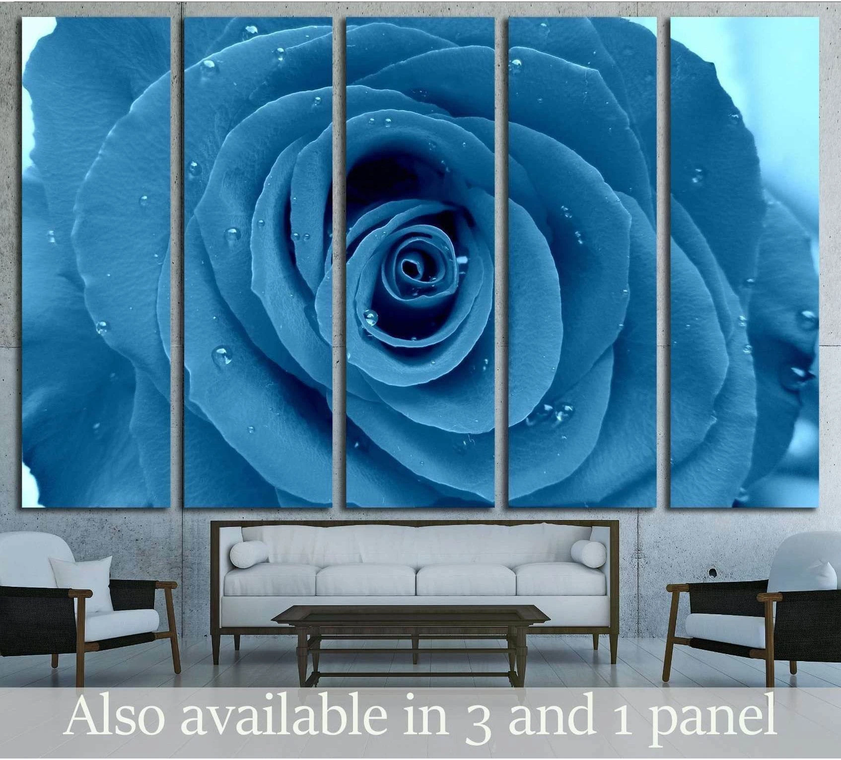Blue rose canvas print in five panels with water droplets, shown above a sofa in a modern living room