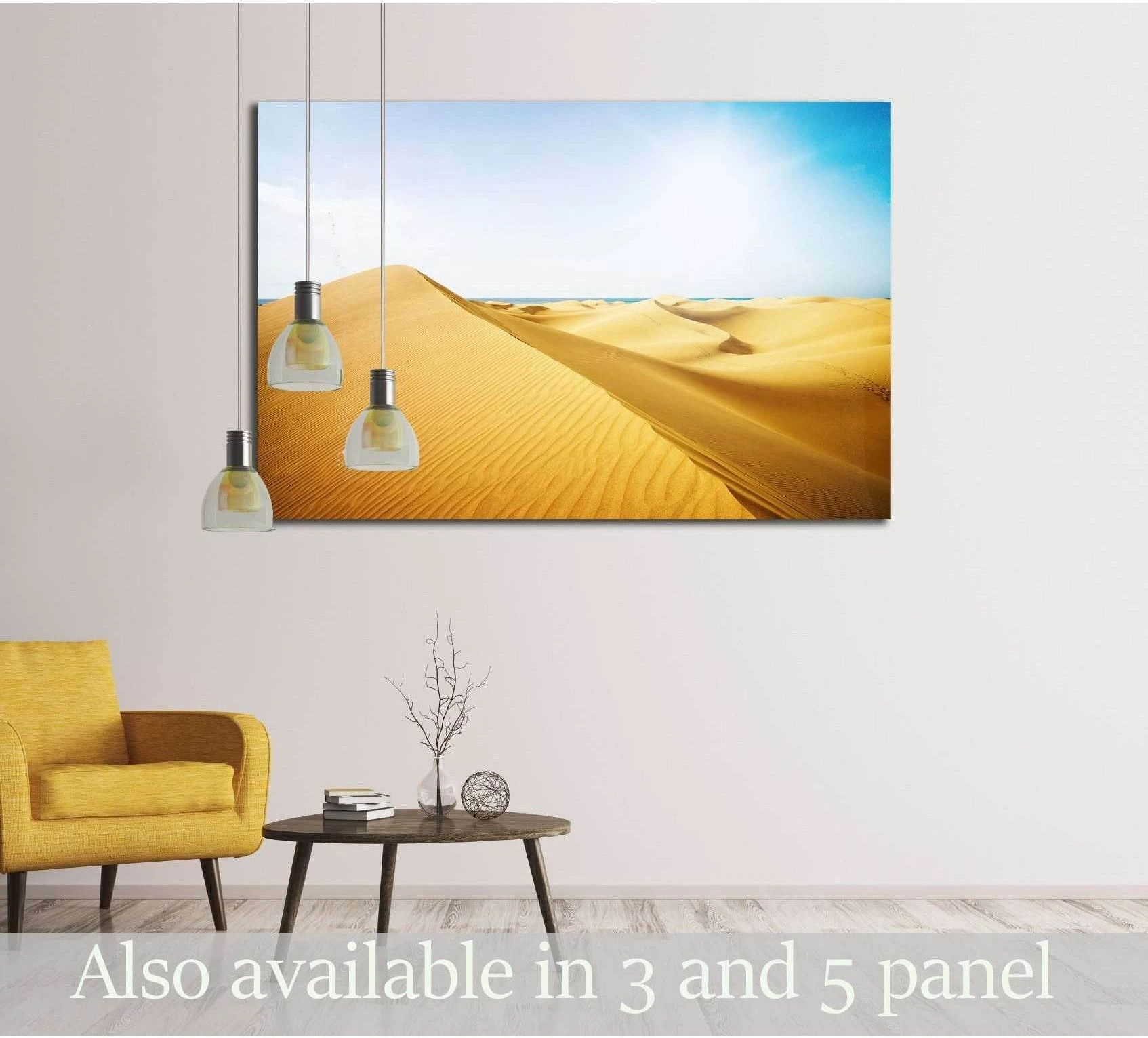 Maspalomas sand dunes canvas print with blue sky and distant sea, displayed in a modern living room