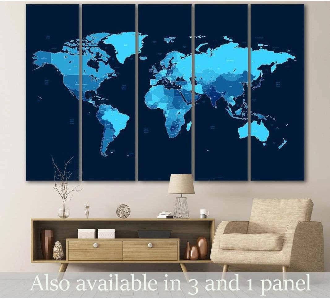 Blue world map canvas print in five panels displayed above a console in a modern living room