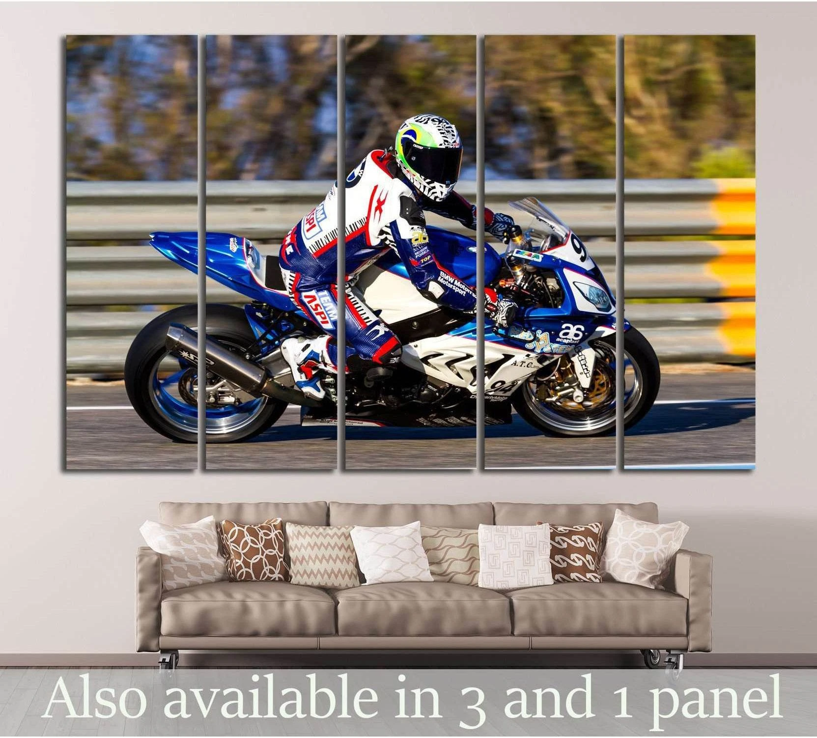 BMW S1000RR canvas print in a 5-panel wall display above a sofa, showing a rider cornering on a racetrack