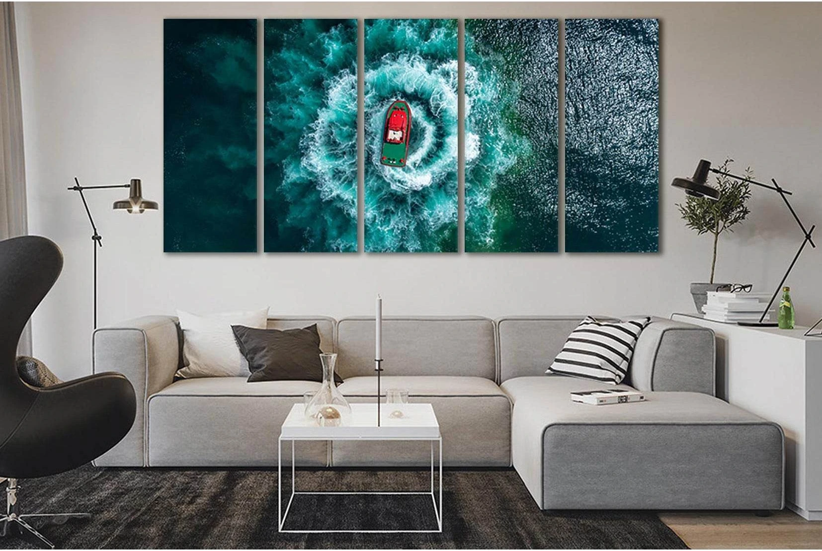 Boat At Sea Top View №SL151 Ready to Hang Canvas Print - Zellart Canvas Prints 0new, ALL_Products, Beach Ocean & Waves