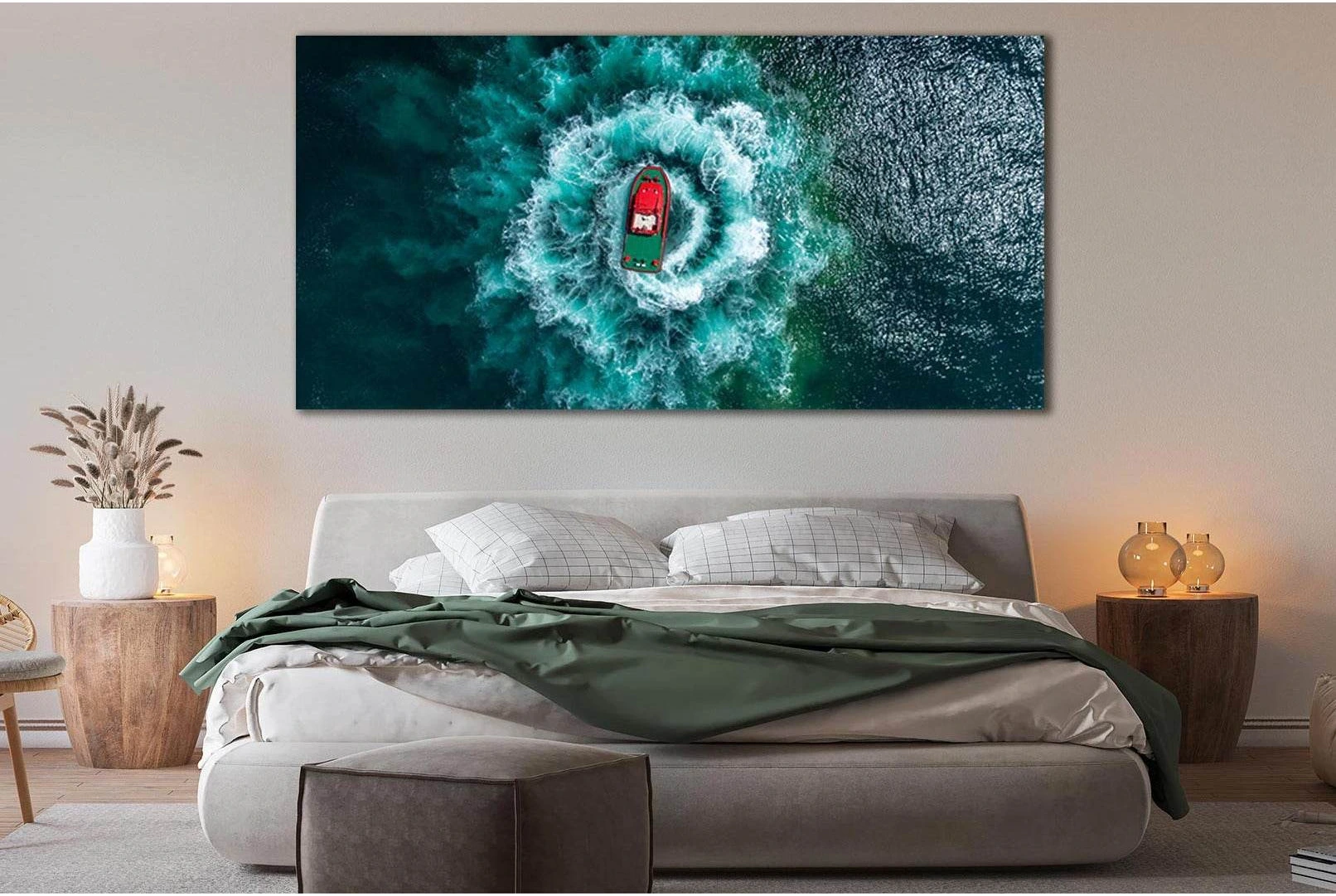Red Boat Top-View Seascape Canvas Print with Turquoise Waves showing ocean water, wave movement and surf.