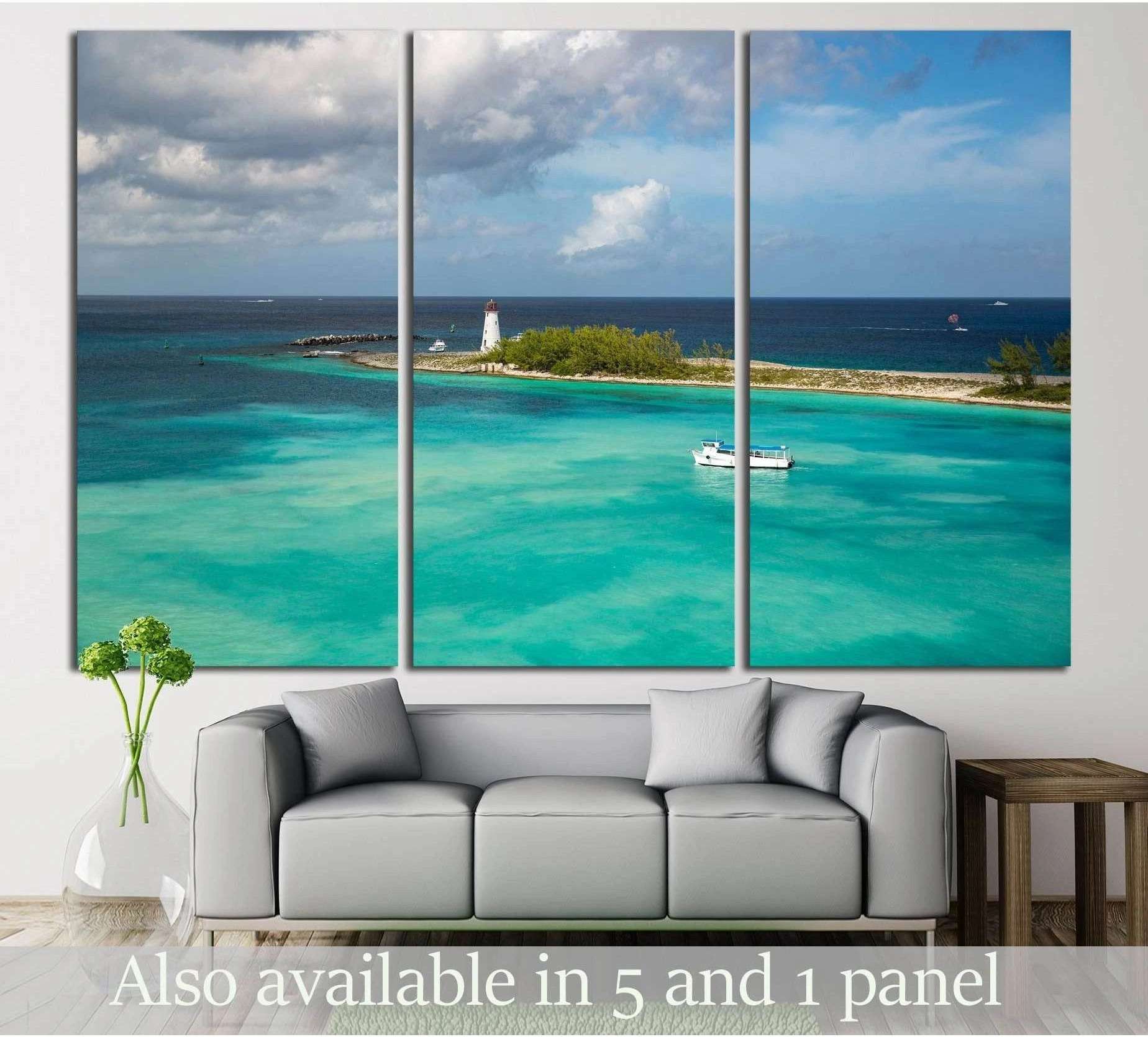 Boat. Lighthouse. Paradise Island. Nassau. Bahamas showing sea water, shoreline and horizon depth.