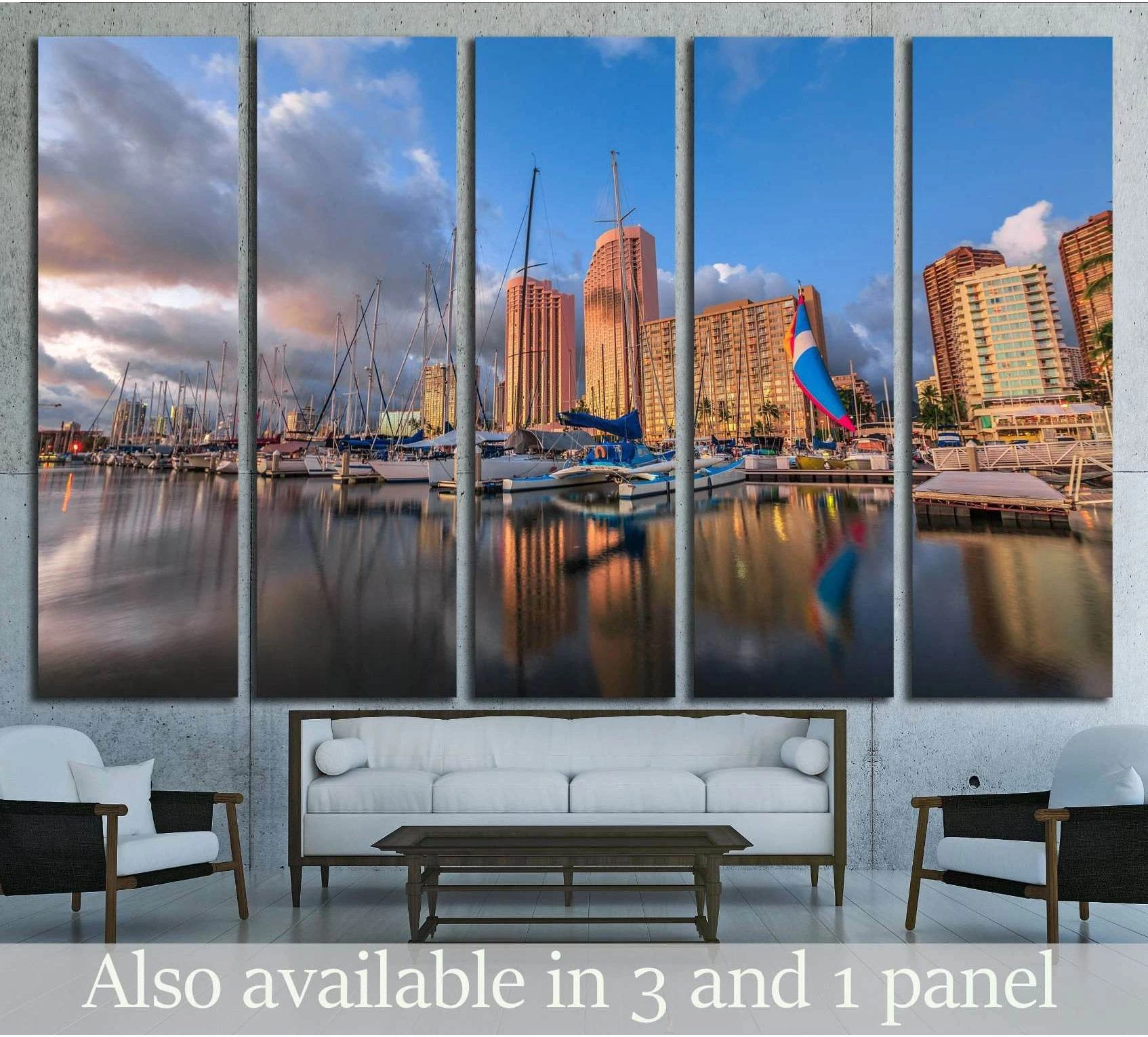 Honolulu harbor skyline canvas print with sailboats and sunset reflections above a sofa in a modern living room
