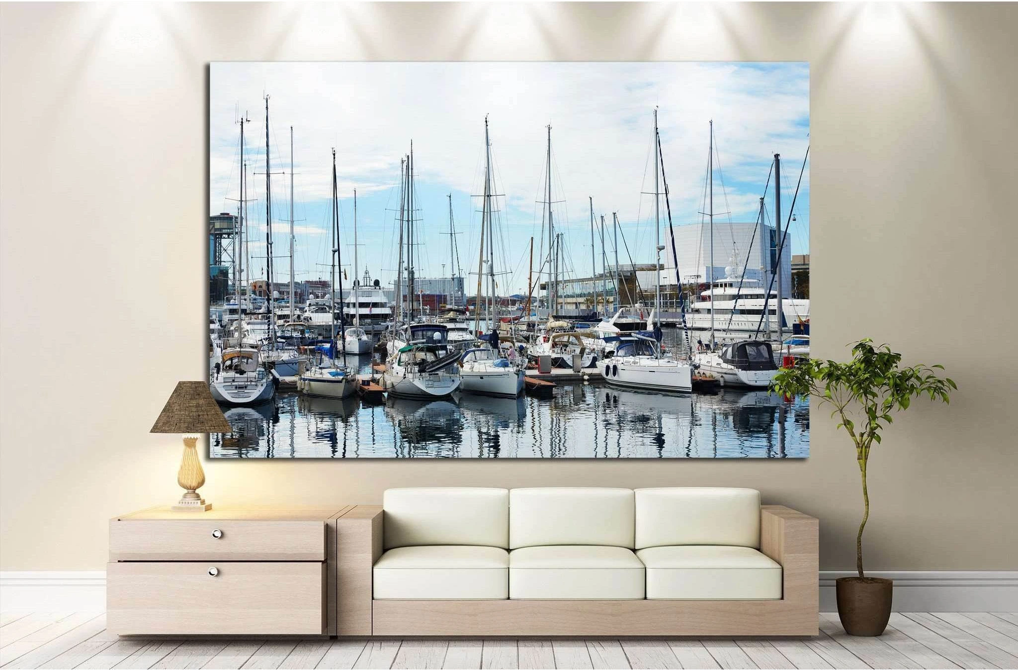 Boats at the pier in barselona №1303 Ready to Hang Canvas Print - Zellart Canvas Prints ALL_Products, s-1303