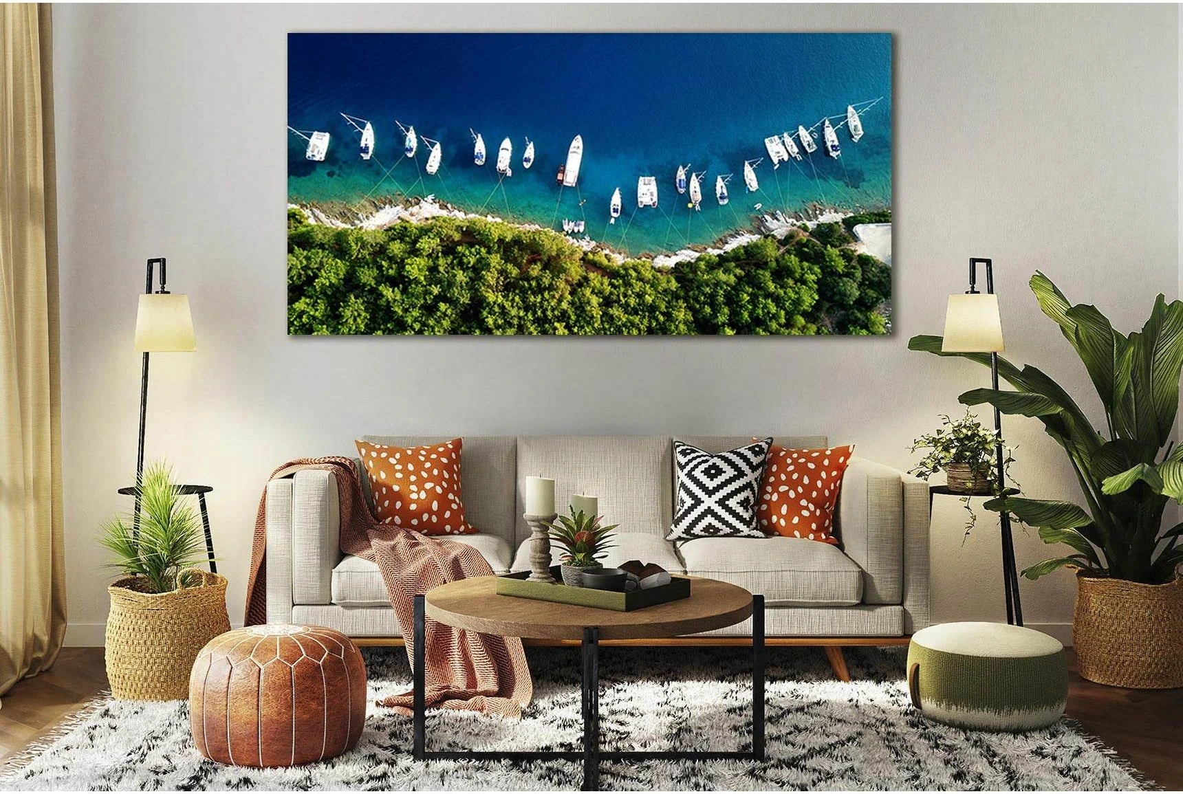 Blue and Turquoise Sailboat Seascape Wall Art (Canvas Print) showing sea water, shoreline and horizon depth.