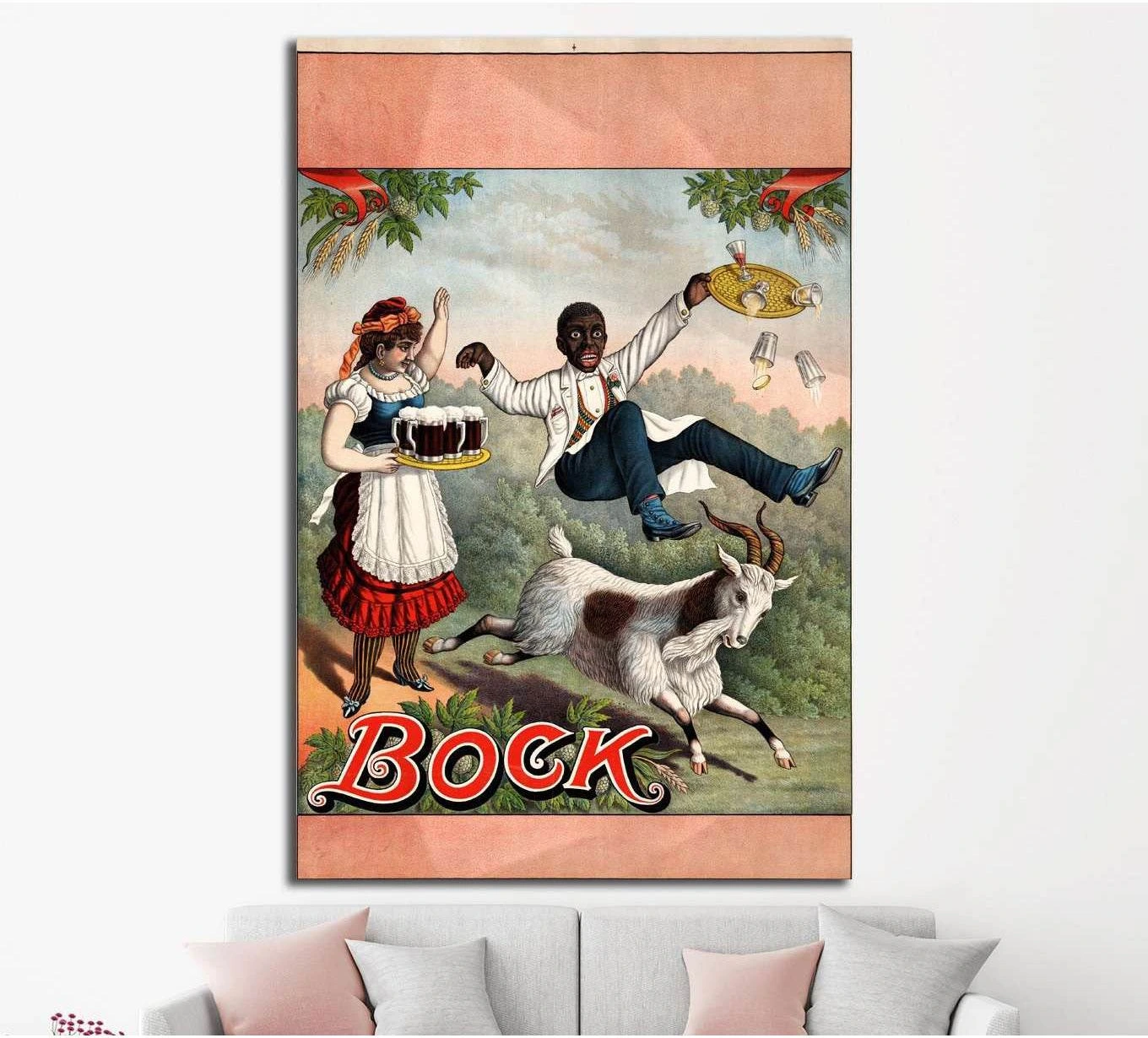 Vintage Bock beer canvas print with goat, server, and dancing figure in retro bar poster style