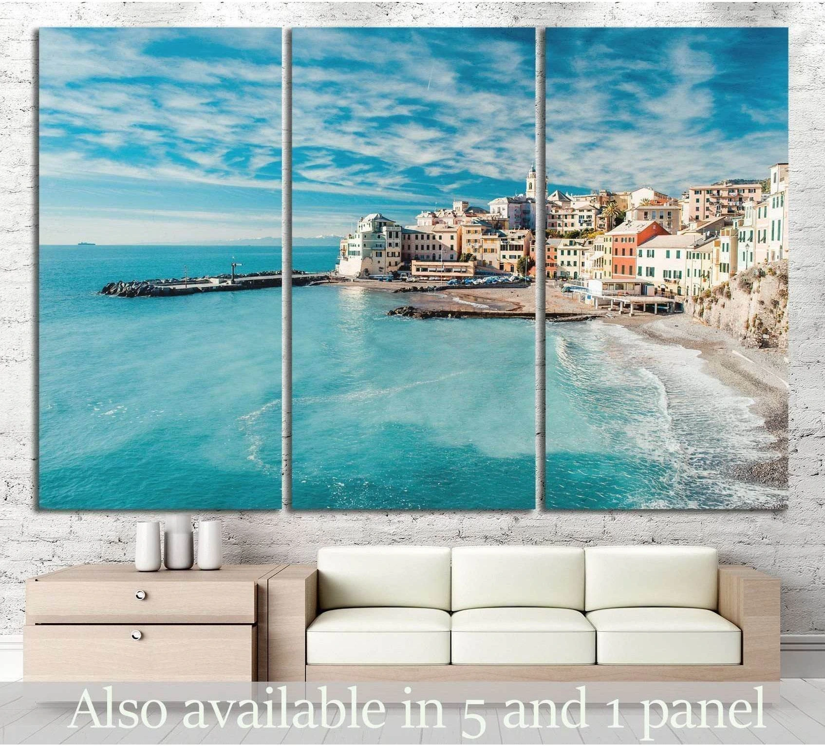Bogliasco, fishing village in Italy showing blue ocean wall art with water and coastal depth.