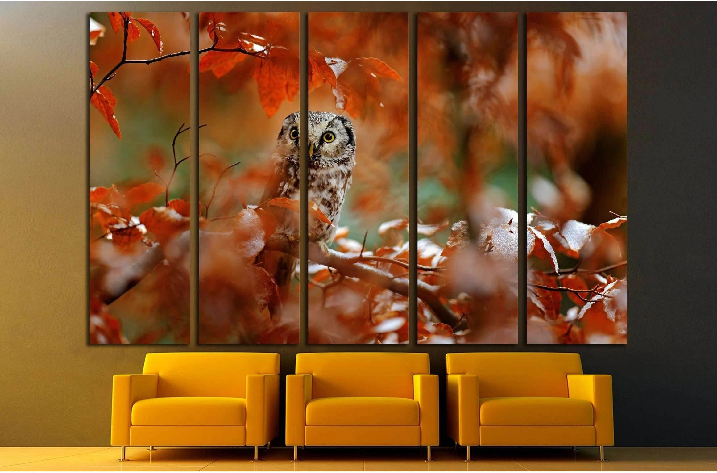 Boreal owl, Aegolius funereus, in the orange larch autumn forest in central Europe №2801 Ready to Hang Canvas Print - Zellart Canvas Prints ALL_Products, Owl, s-2801