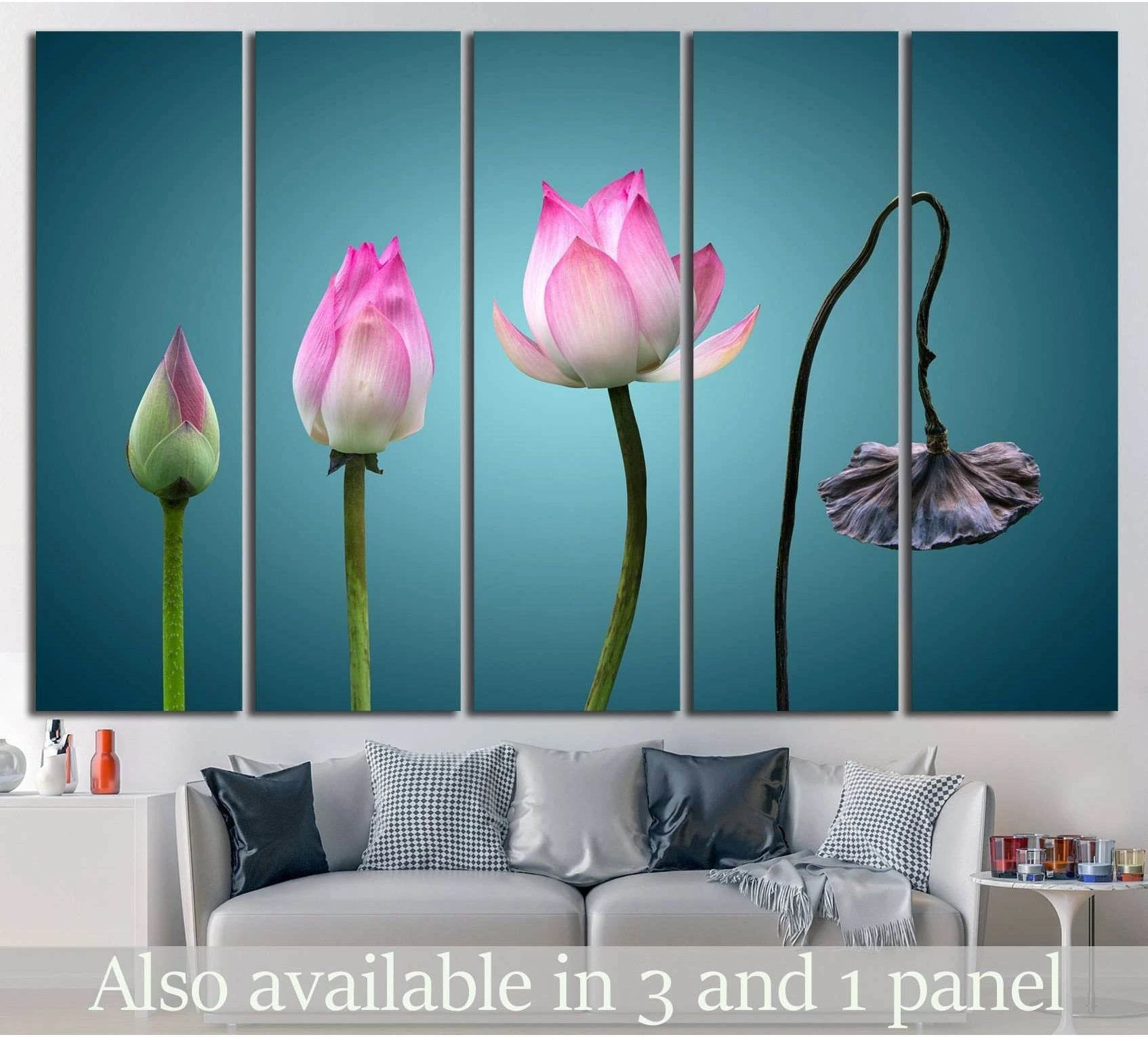 Pink lotus lifecycle canvas print in five panels above a sofa with bud, bloom, and wilt on a teal background