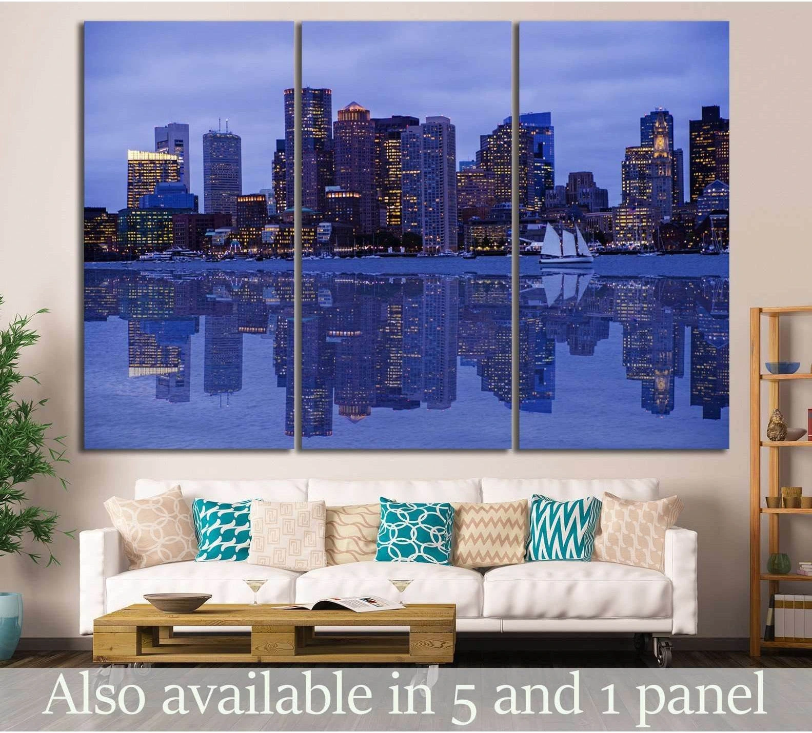 Boston skyline canvas print with harbor reflection and sailboat above sofa in modern living room