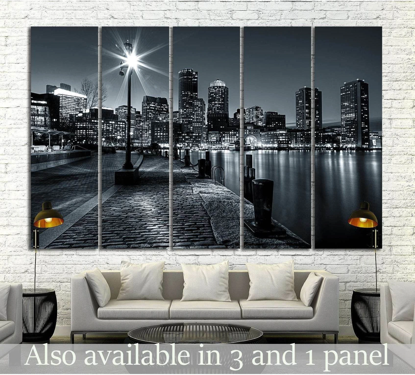 Black and white Boston skyline canvas print above sofa in a modern living room