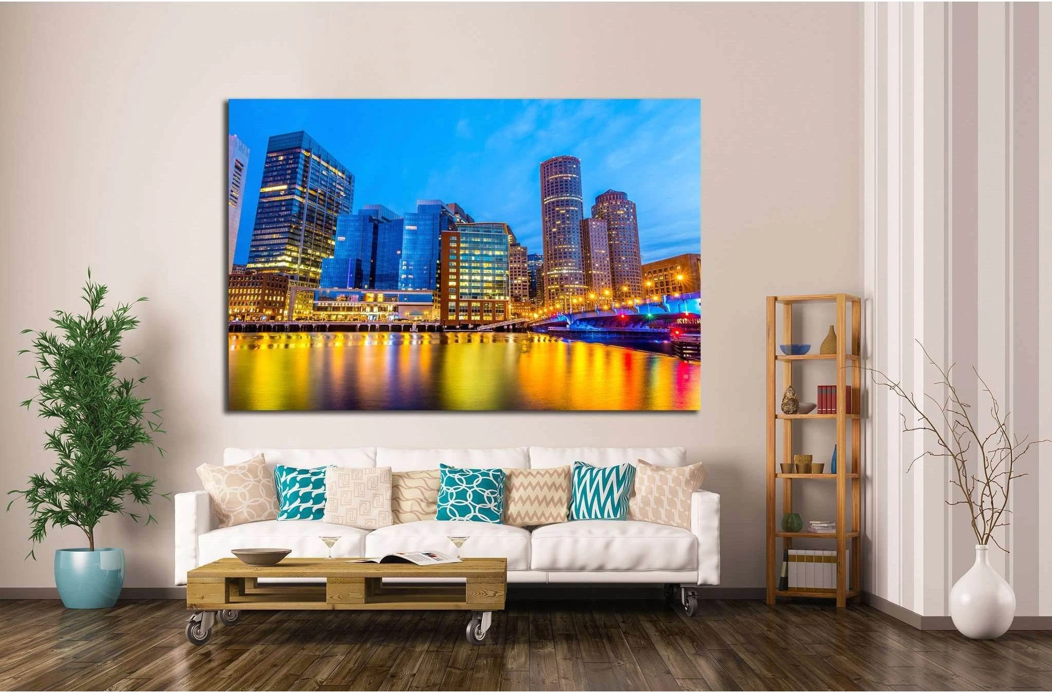 Boston Harbor and Financial District at twilight in Boston, Massachusetts №1684 Ready to Hang Canvas Print - Zellart Canvas Prints ALL_Products, s-1684