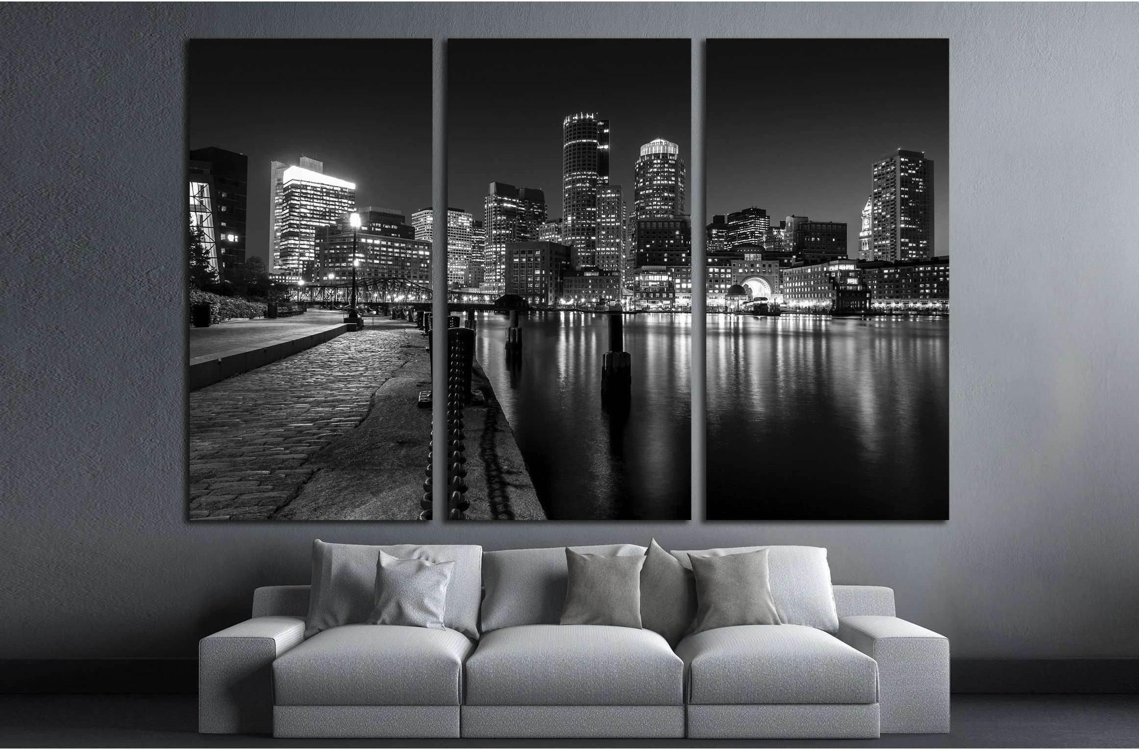 Boston Harbor at night in Black and White. Massachusetts, USA №2143 Ready to Hang Canvas Print - Zellart Canvas Prints ALL_Products, s-2143