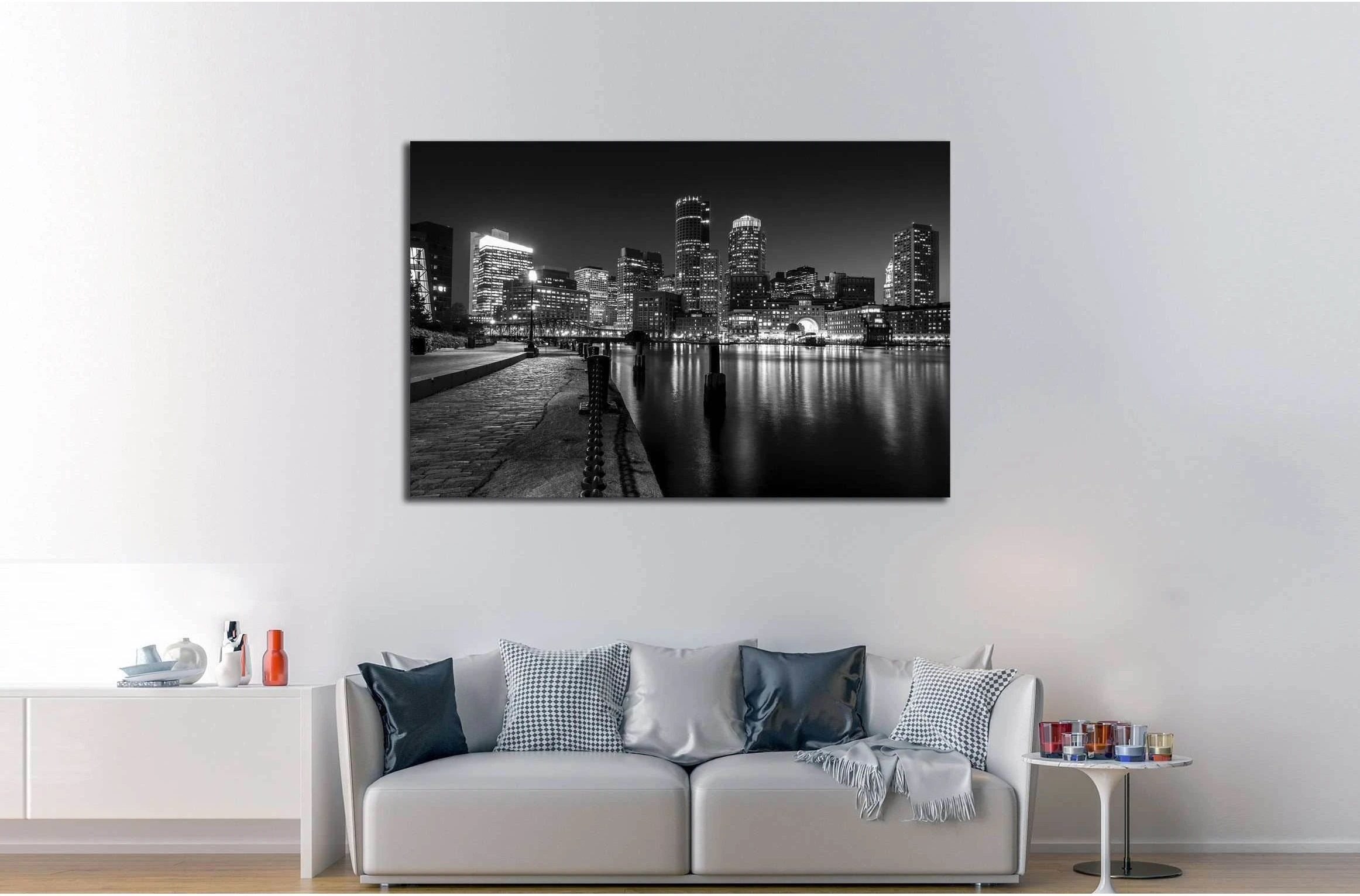 Boston Harbor at night in Black and White. Massachusetts, USA №2143 Ready to Hang Canvas Print - Zellart Canvas Prints ALL_Products, s-2143
