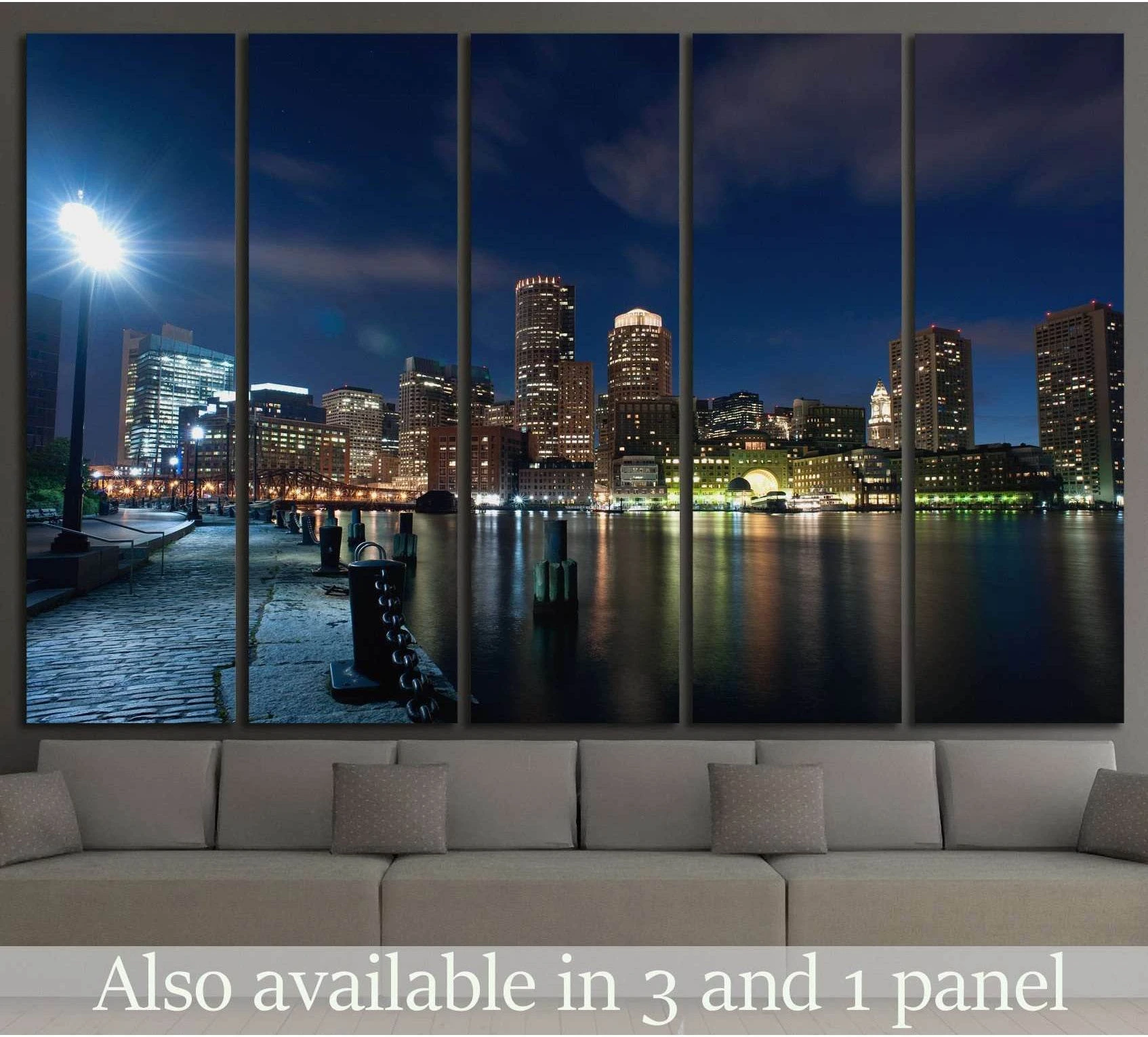 Boston waterfront skyline canvas print with city lights reflecting on the harbor at night
