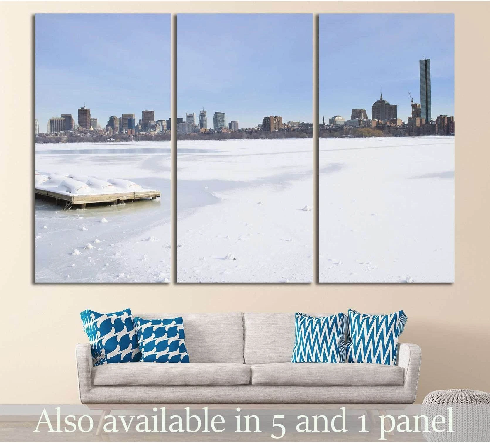 Boston skyline winter triptych canvas print above sofa with frozen waterfront and blue sky