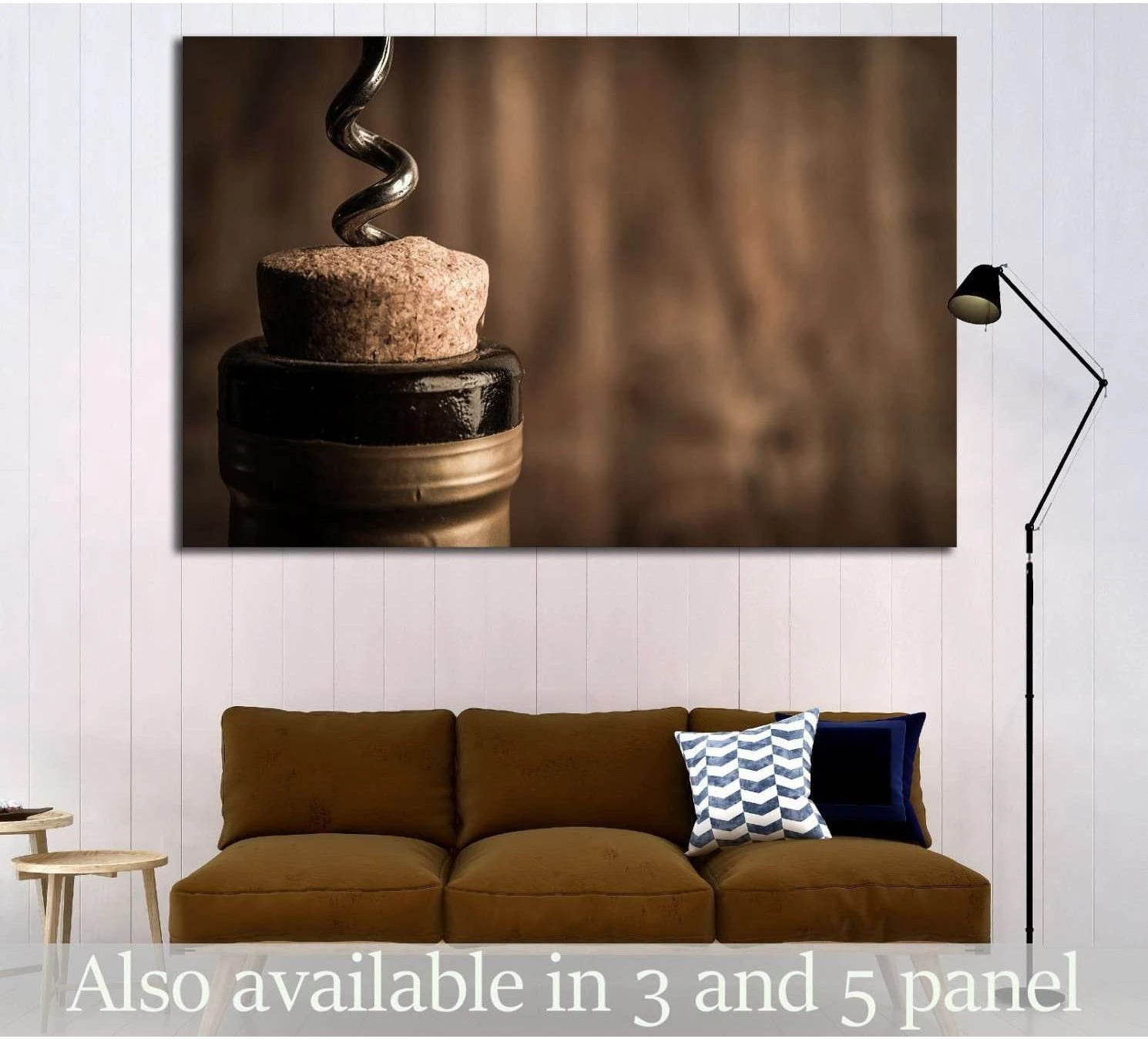 Wine cork canvas print with corkscrew above a bottle on a warm wooden background