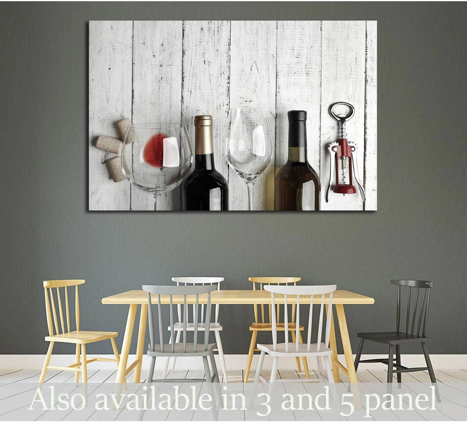 Wine bottles and glasses canvas print with corkscrew on whitewashed wood above a dining table