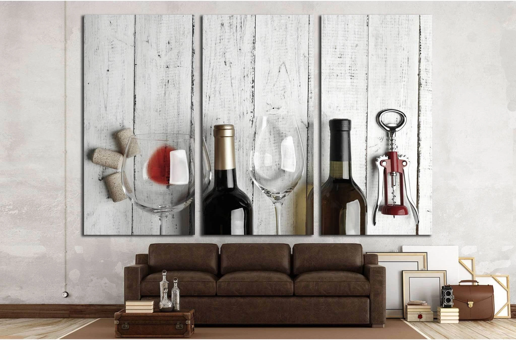 Bottles of wine, glass and corkscrew on wooden table №1919 Ready to Hang Canvas Print - Zellart Canvas Prints ALL_Products, s-1919