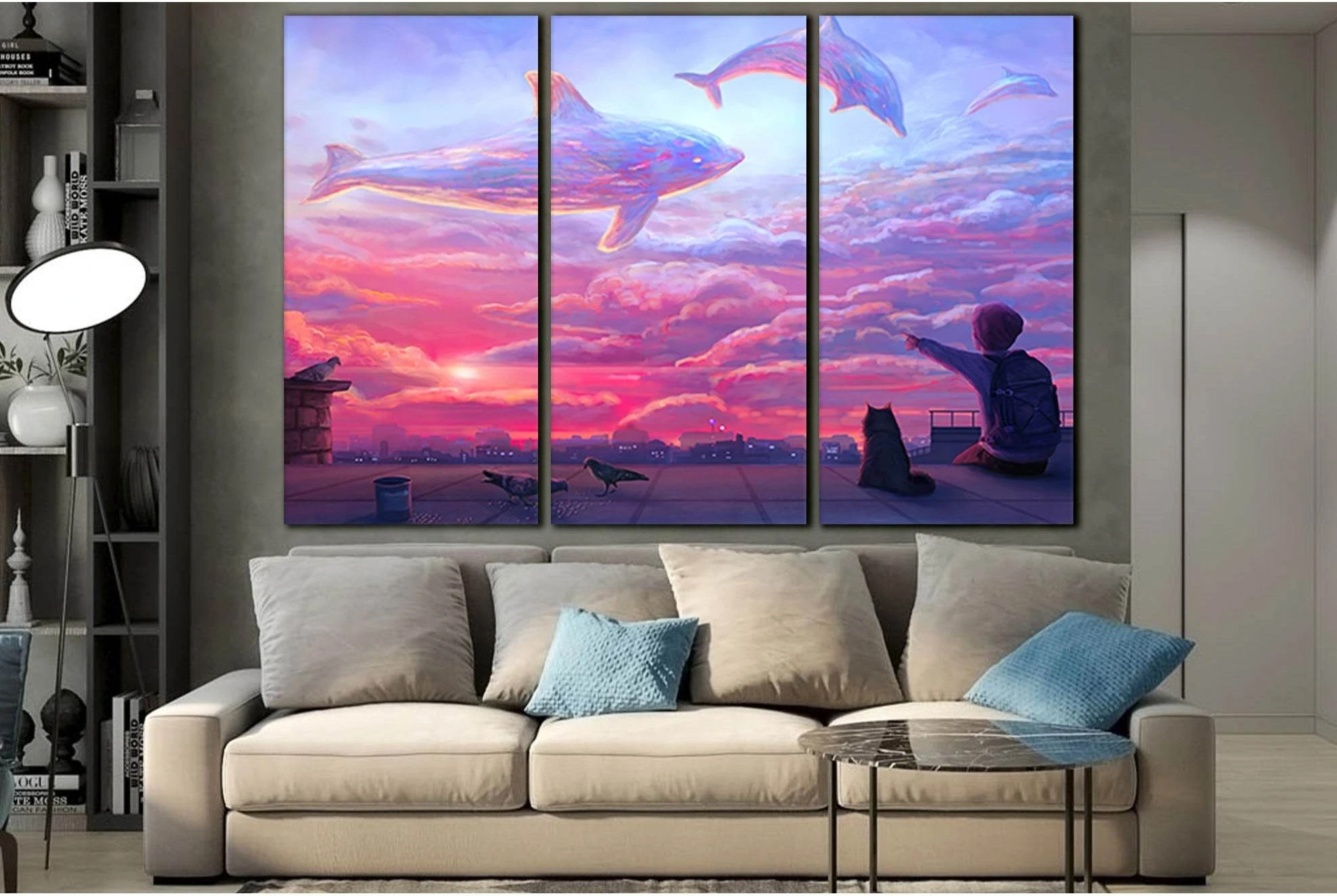 Boy Looking At Cloud Dolphins №SL1220 Ready to Hang Canvas Print - Zellart Canvas Prints 0new, ALL_Products, Fantasy And Sci Fi Wall Art