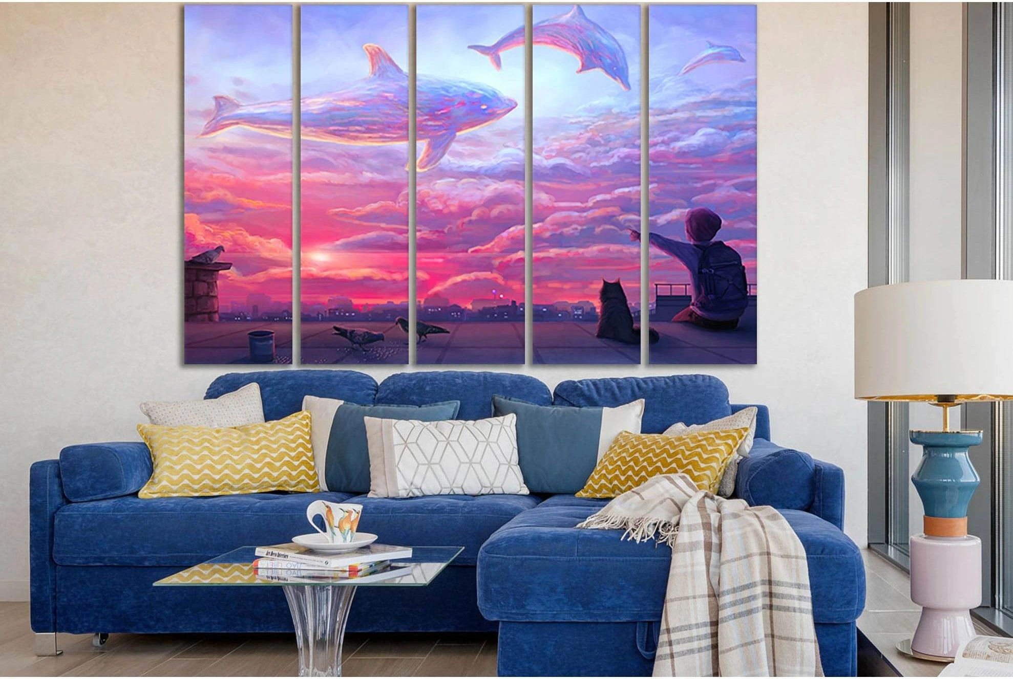 Boy Looking At Cloud Dolphins №SL1220 Ready to Hang Canvas Print - Zellart Canvas Prints 0new, ALL_Products, Fantasy And Sci Fi Wall Art