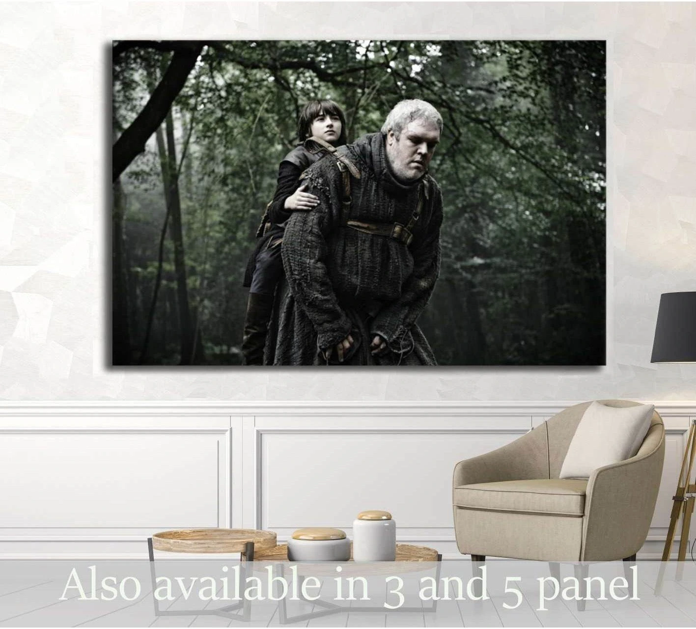 Bran Stark and Hodor canvas print in a dark forest scene, displayed in a modern living room mockup