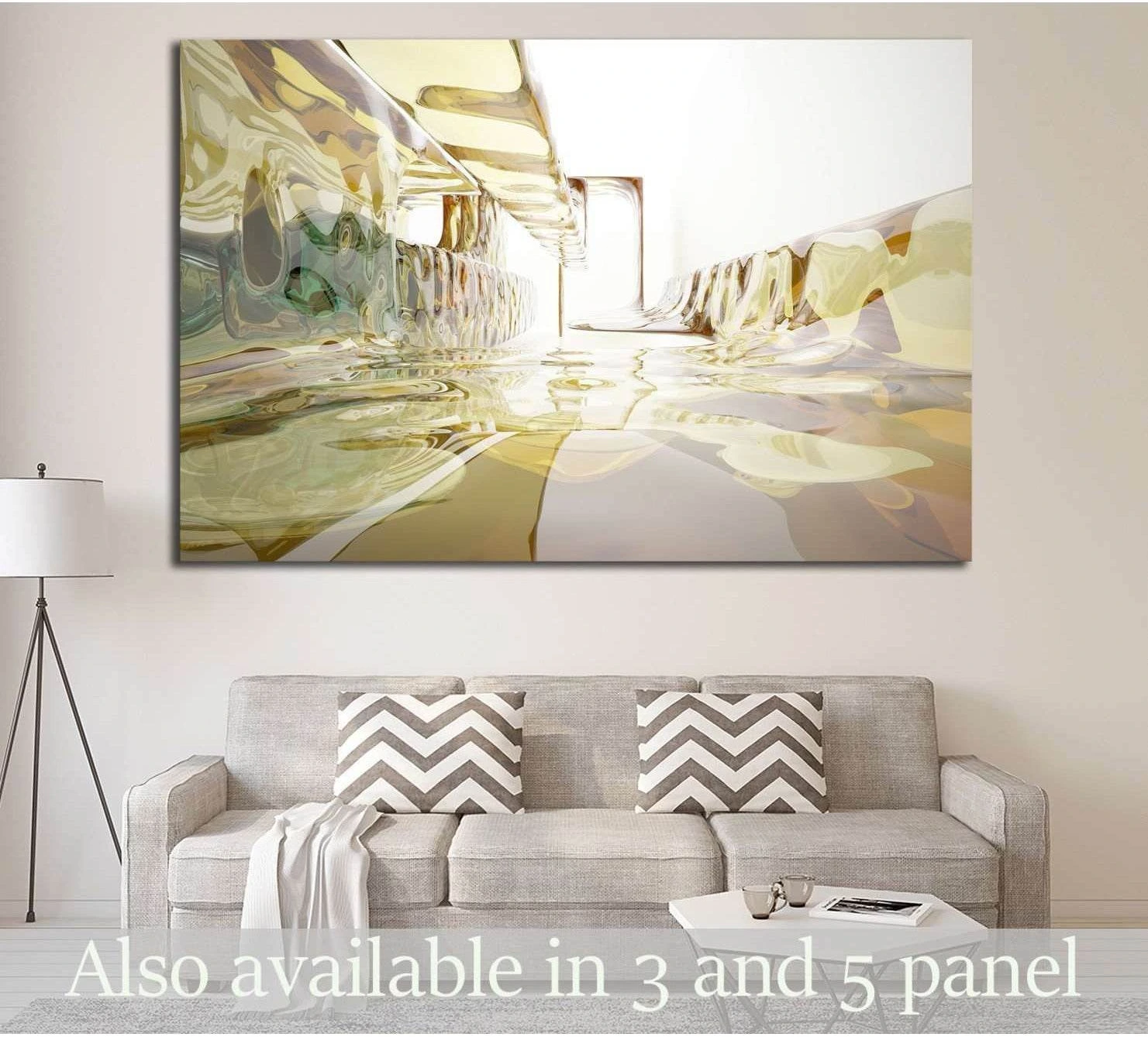 Abstract glass waves canvas print with soft gold, yellow, and smoky blue tones above a sofa in a modern living room