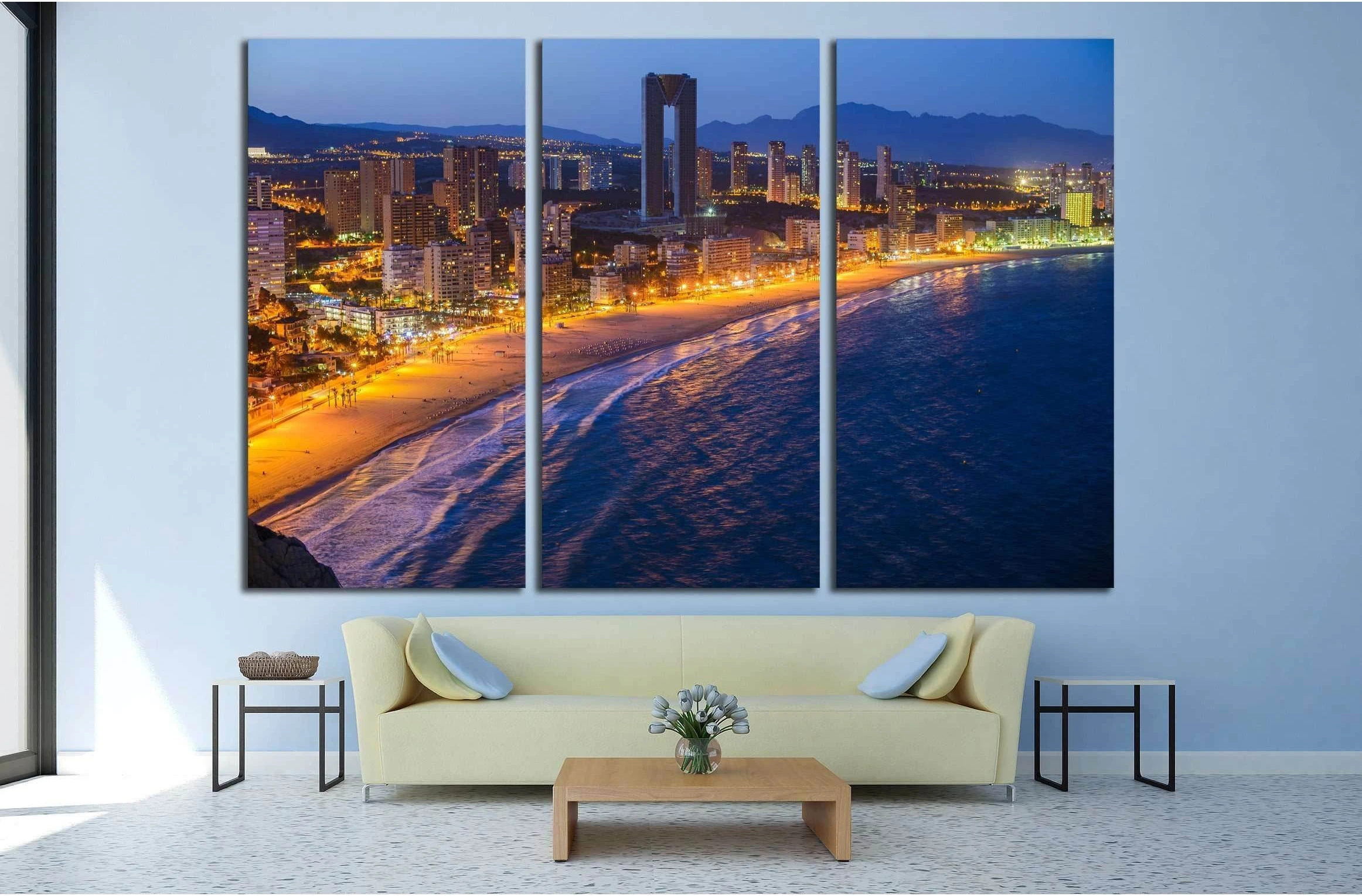 Breathtaking night view of the coastline in Benidorm with high buildings, mountains, sea and city lights №2209 Ready to Hang Canvas Print - Zellart Canvas Prints ALL_Products, s-2209