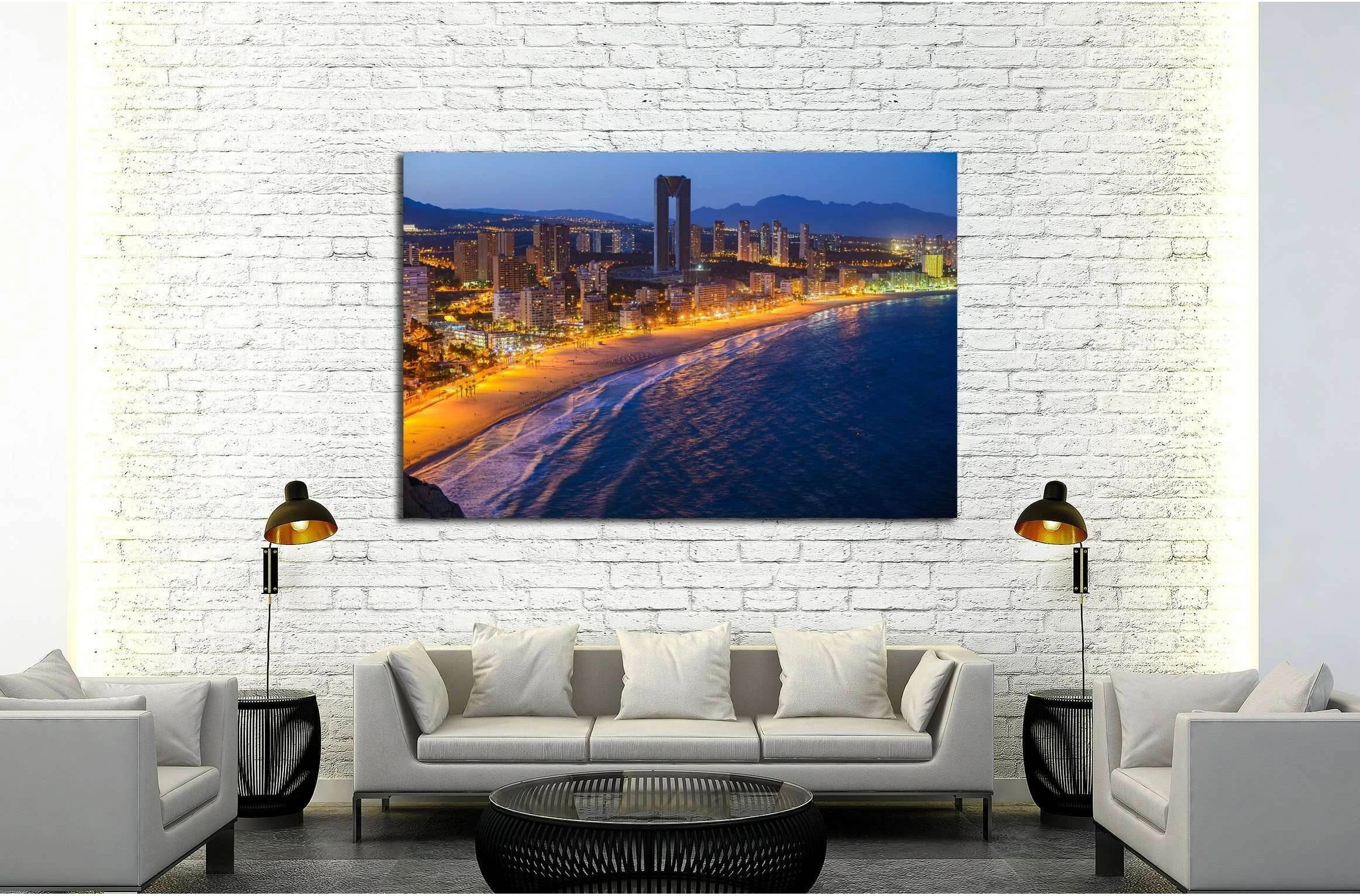 Breathtaking night view of the coastline in Benidorm with high buildings, mountains, sea and city lights №2209 Ready to Hang Canvas Print - Zellart Canvas Prints ALL_Products, s-2209