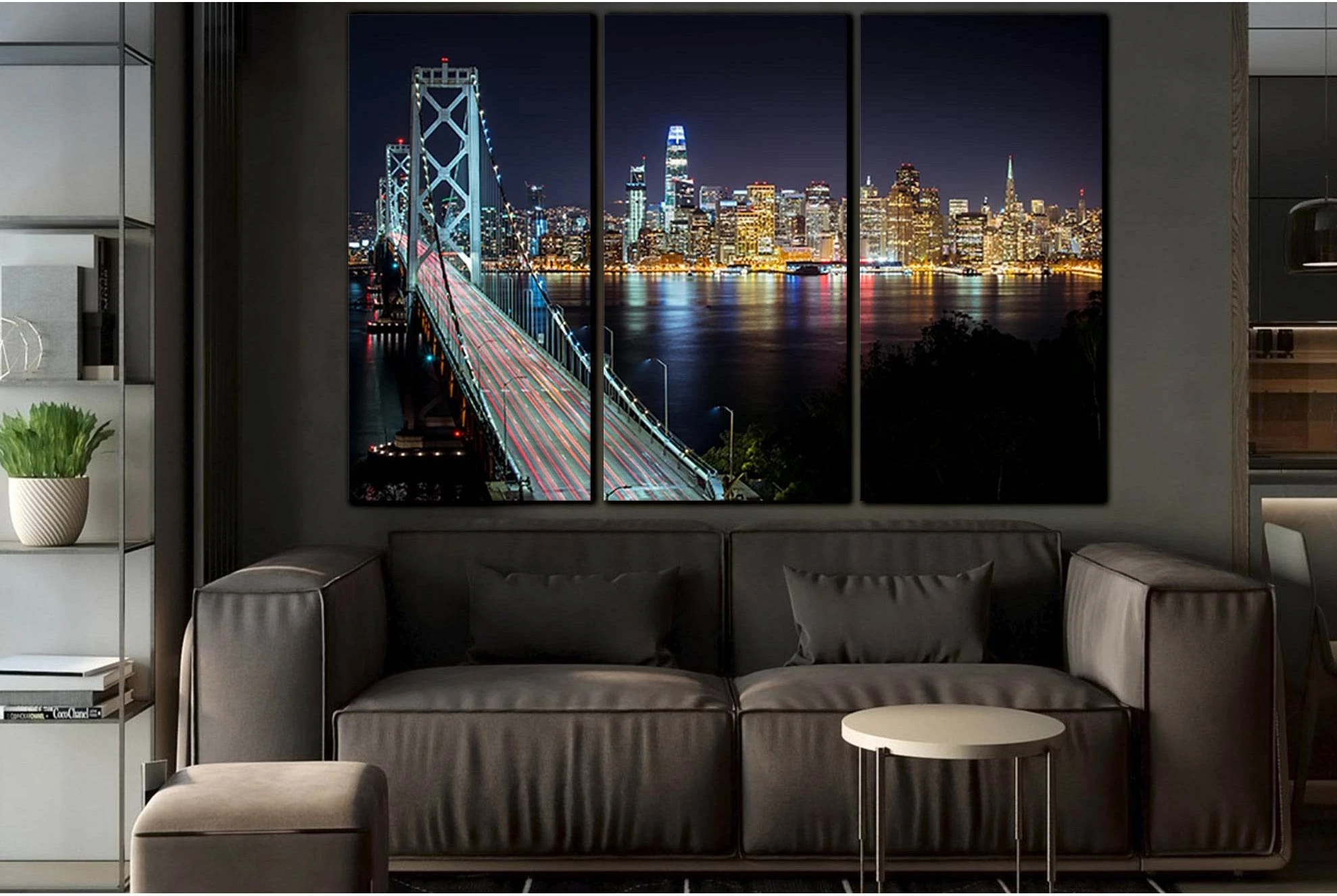 Bridge And Cityscape At Night №SL1457 Ready to Hang Canvas Print - Zellart Canvas Prints 0new, ALL_Products, CITYSCAPES & SKYLINES