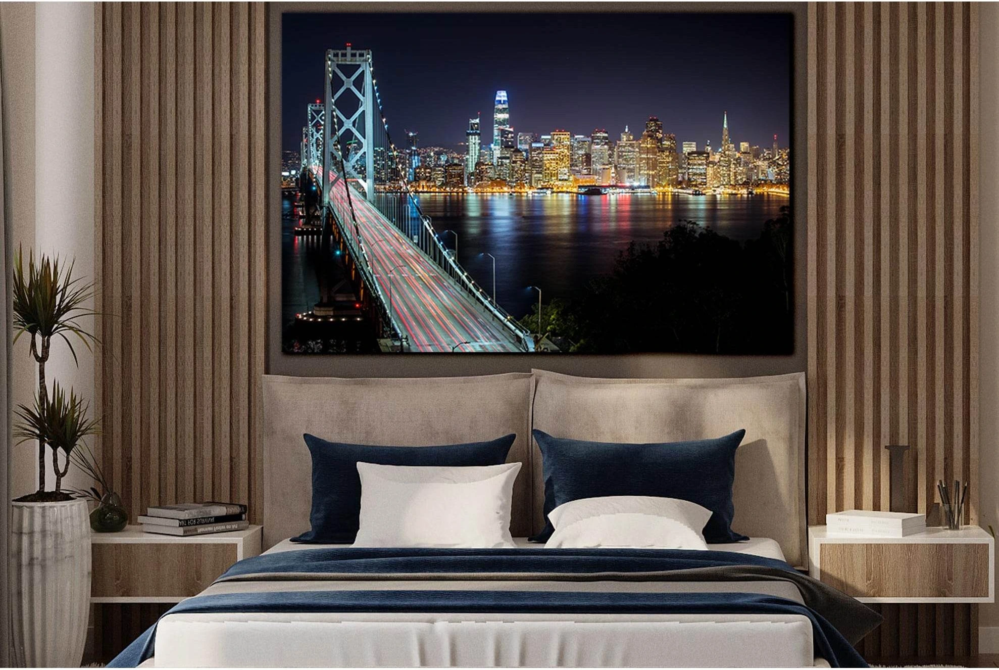 Bridge And Cityscape At Night №SL1457 Ready to Hang Canvas Print - Zellart Canvas Prints 0new, ALL_Products, CITYSCAPES & SKYLINES