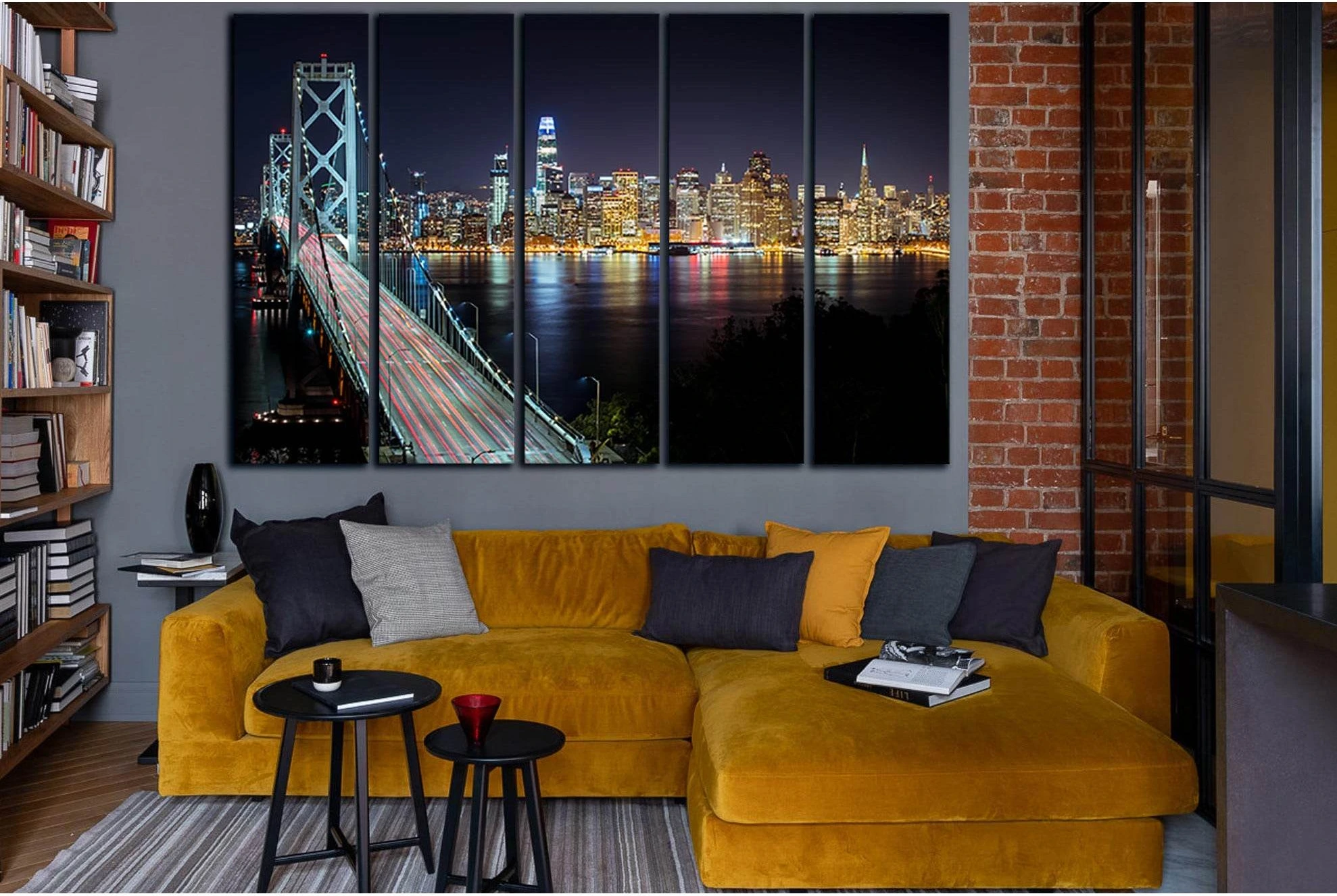 Bridge And Cityscape At Night №SL1457 Ready to Hang Canvas Print - Zellart Canvas Prints 0new, ALL_Products, CITYSCAPES & SKYLINES