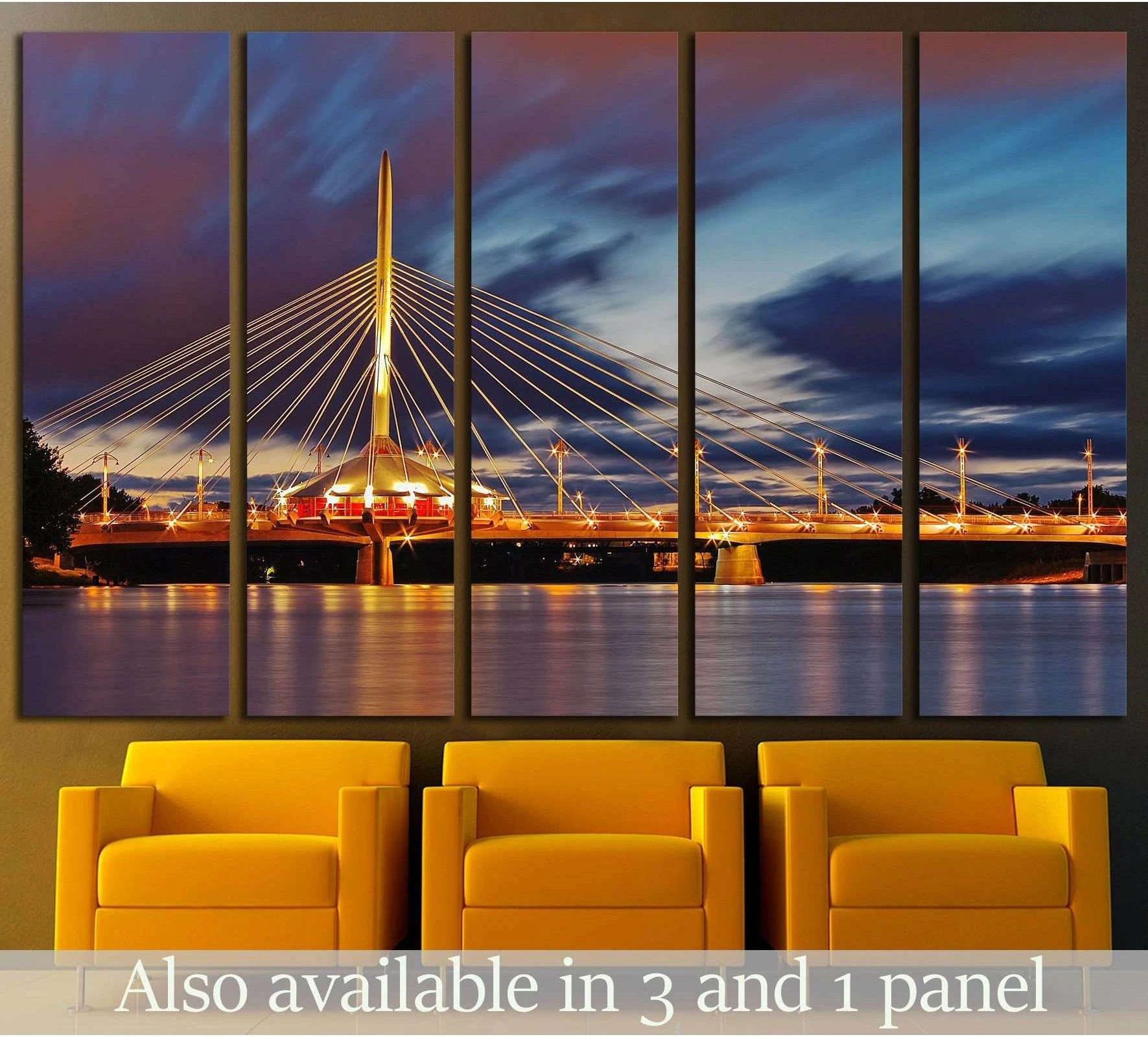 Illuminated cable-stayed bridge at night multi-panel canvas print above yellow chairs