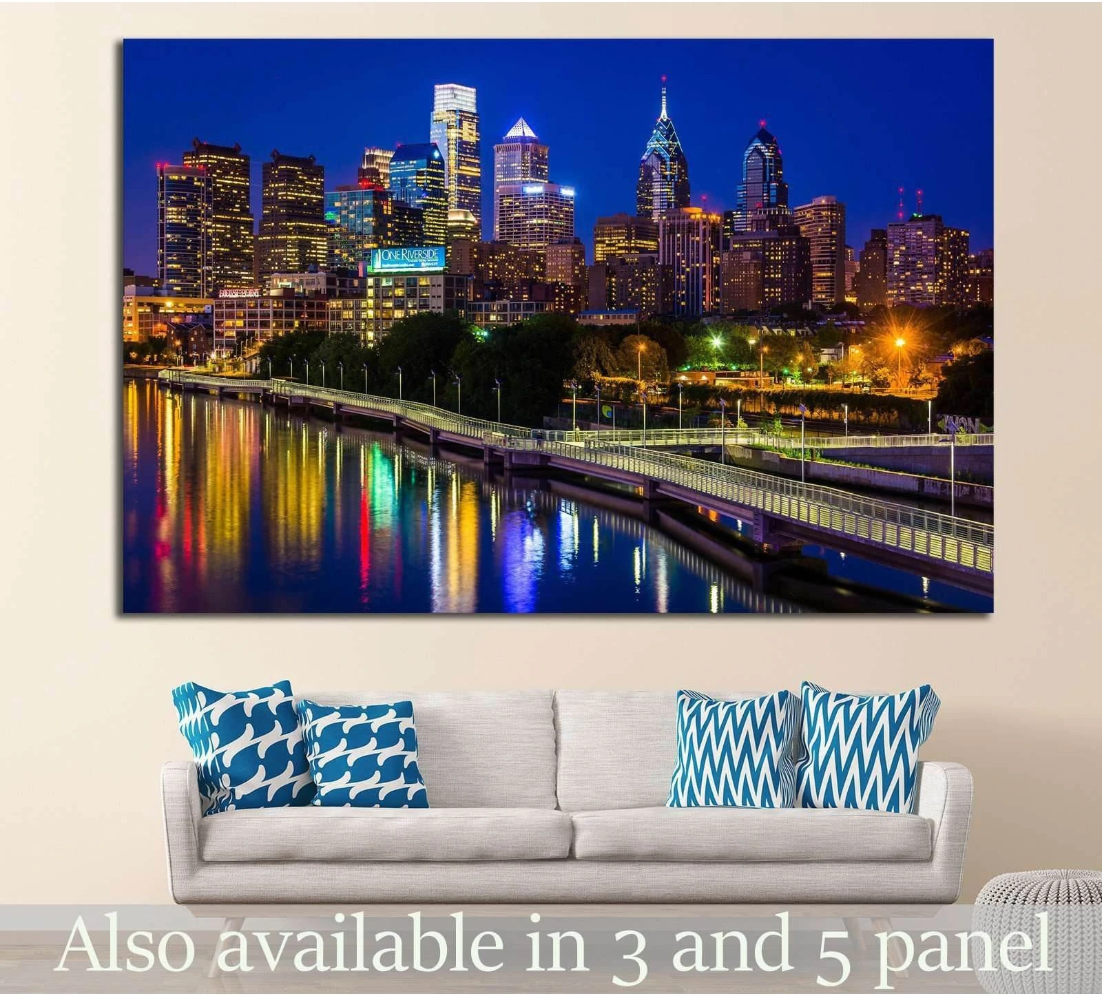 Philadelphia skyline canvas print with night bridge and river reflections above a sofa
