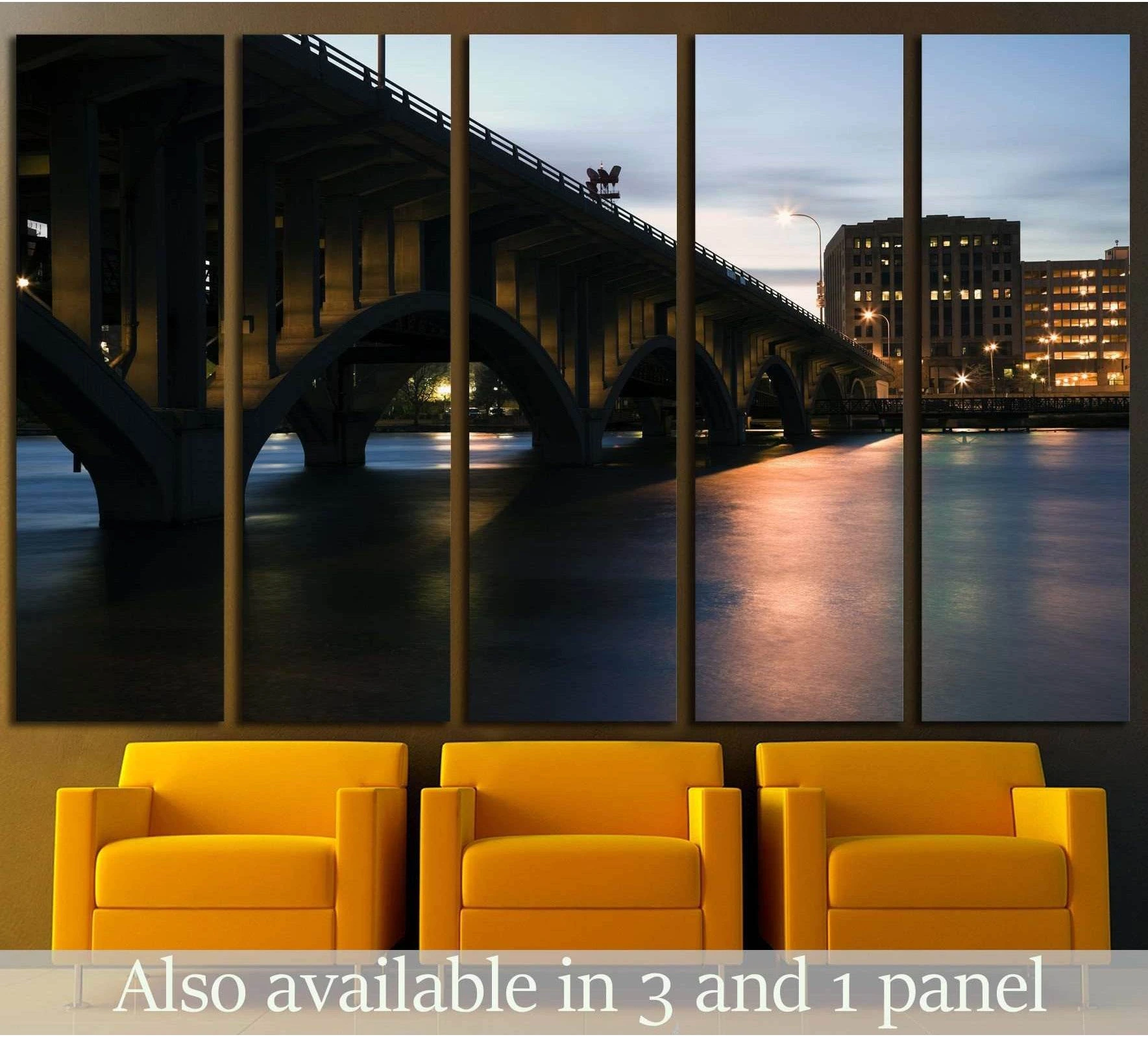 Rockford bridge canvas print over yellow chairs with warm river reflections at dusk