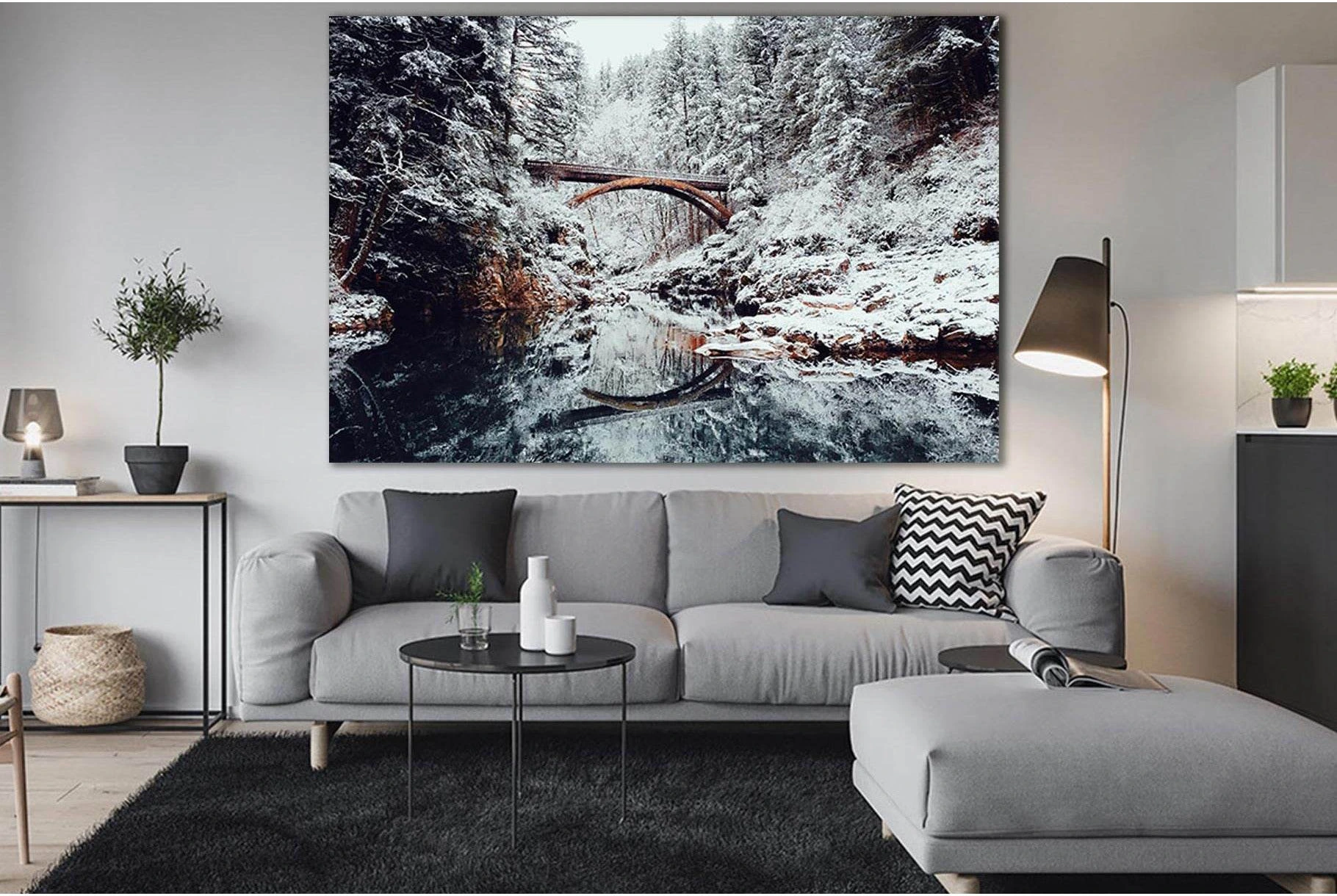 Bridge In Winter Mountains №SL1143 Ready to Hang Canvas Print - Zellart Canvas Prints 0new, ALL_Products, Bridges Wall Art