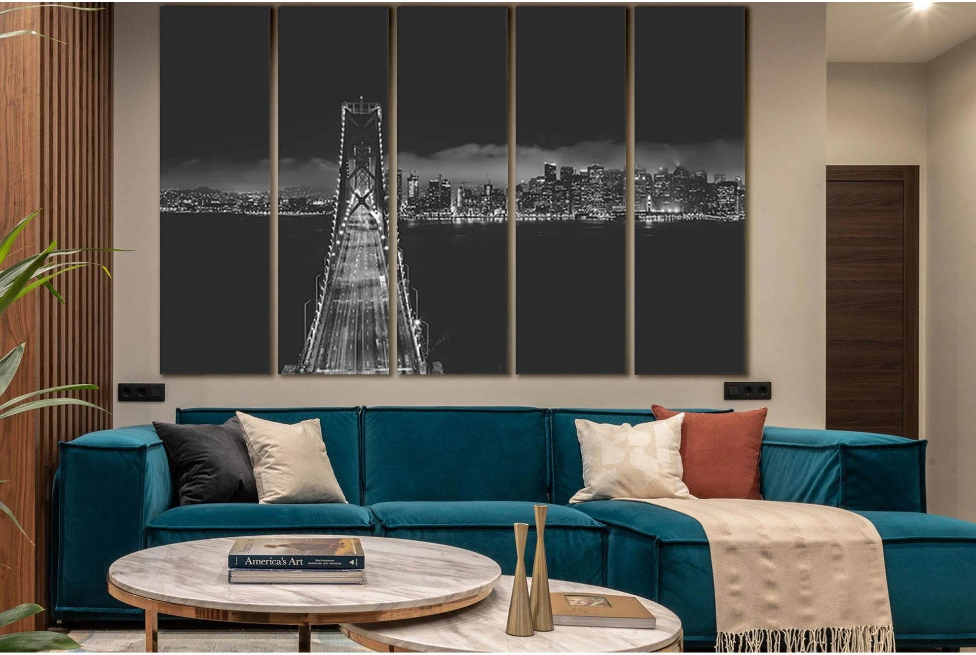 Bridge Near City Buildings Black And White №SL849 Ready to Hang Canvas Print - Zellart Canvas Prints 0new, ALL_Products, Black & White Wall Art