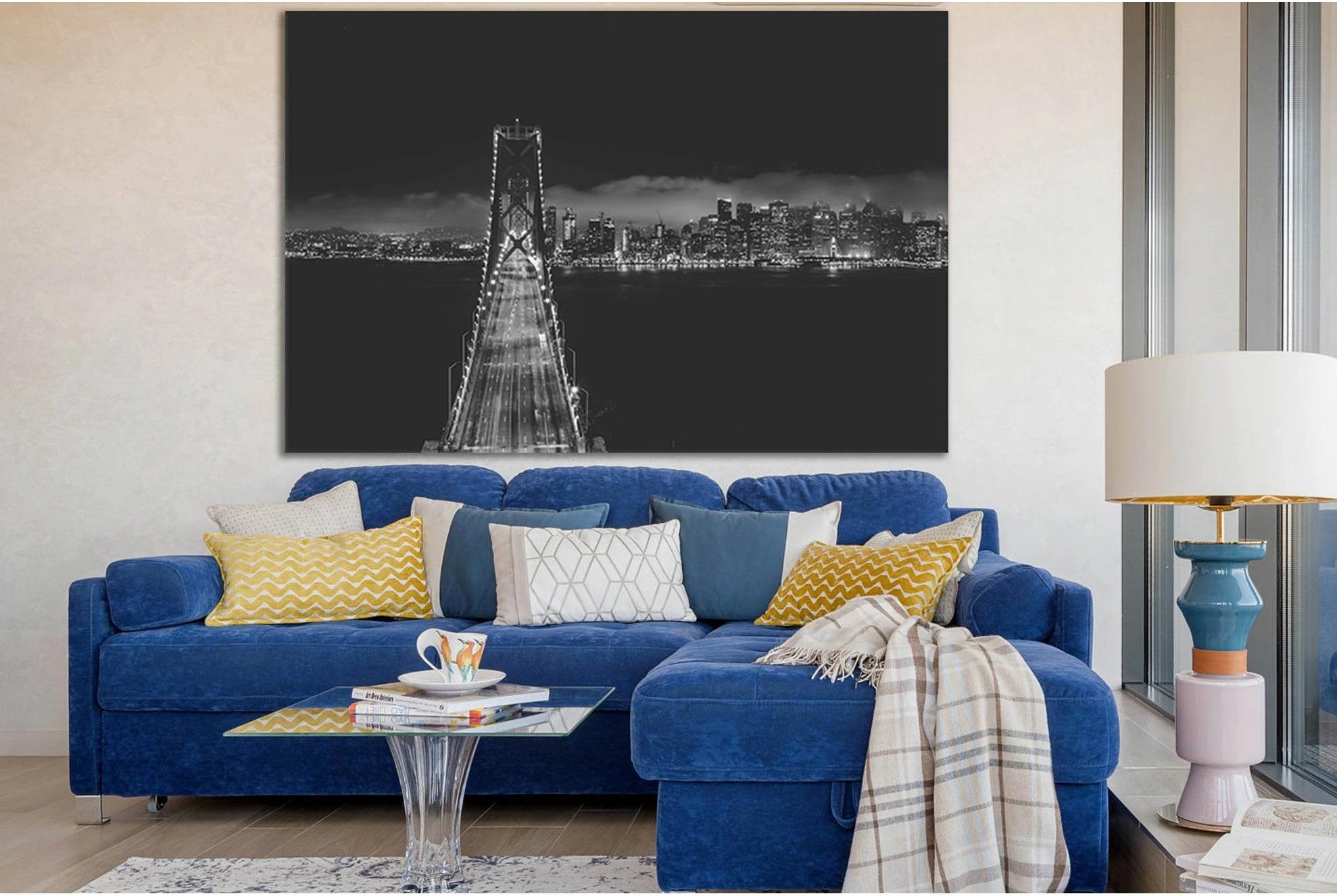 Bridge Near City Buildings Black And White №SL849 Ready to Hang Canvas Print - Zellart Canvas Prints 0new, ALL_Products, Black & White Wall Art